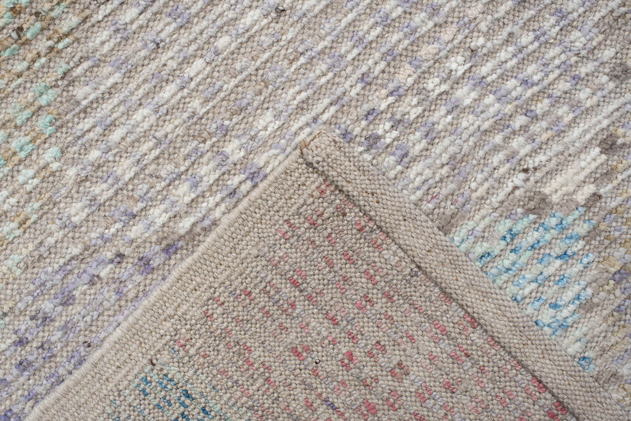 9' x 14' one-of-a-kind handmade vintage Tulu large size rug. Color palette: ivory, sky_blue, taupe, lavender, beige, pink