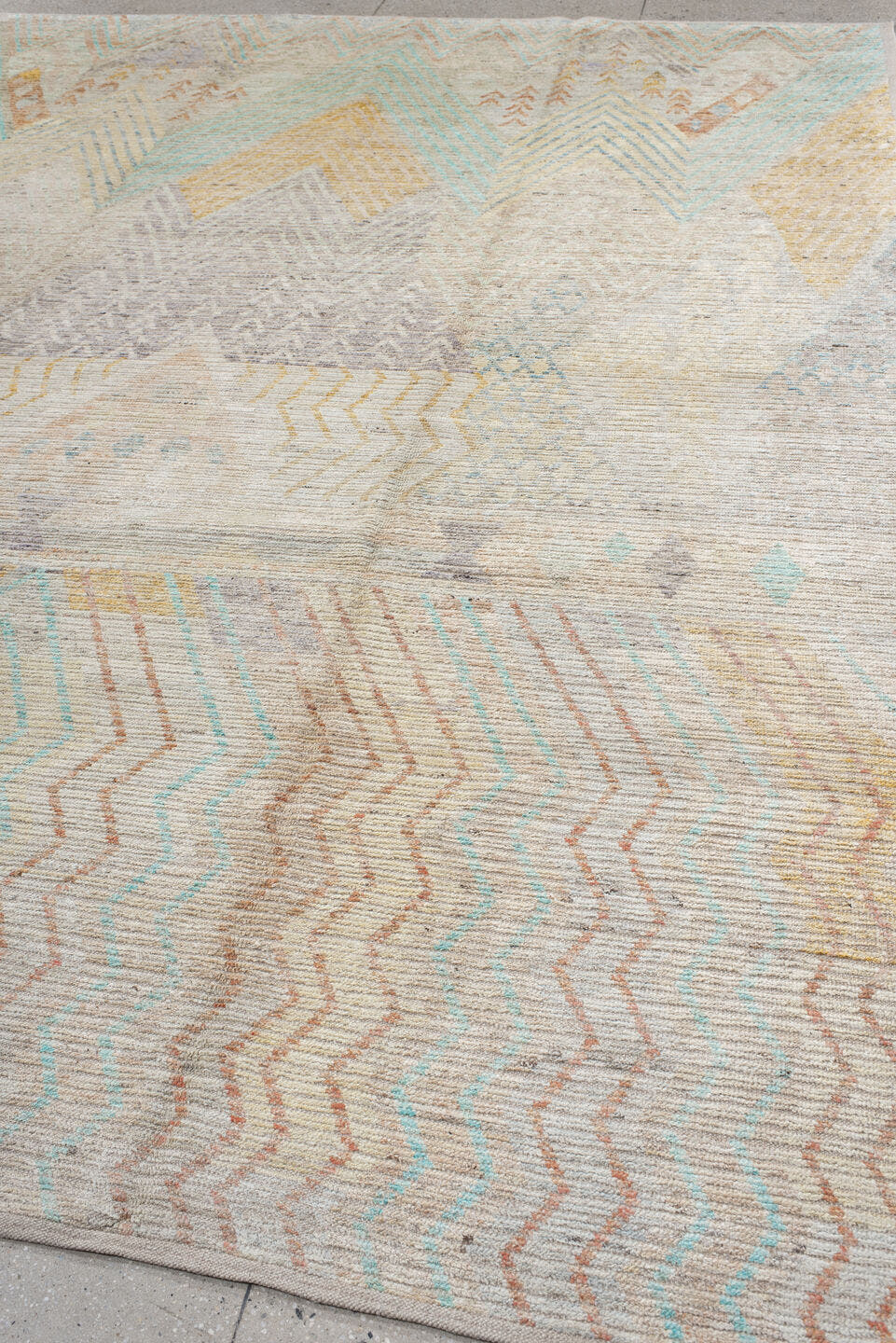 10' x 13' one-of-a-kind handmade vintage Tulu large size rug. Color palette: ivory, aqua, pale gold, peach, lavender, taupe