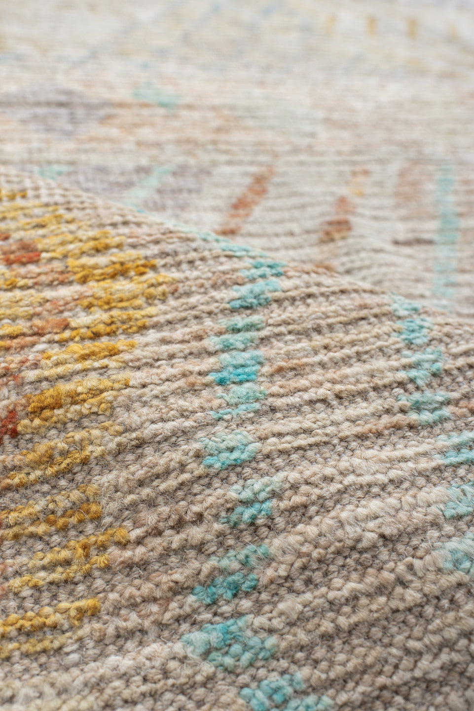 10' x 13' one-of-a-kind handmade vintage Tulu large size rug. Color palette: ivory, aqua, pale gold, peach, lavender, taupe