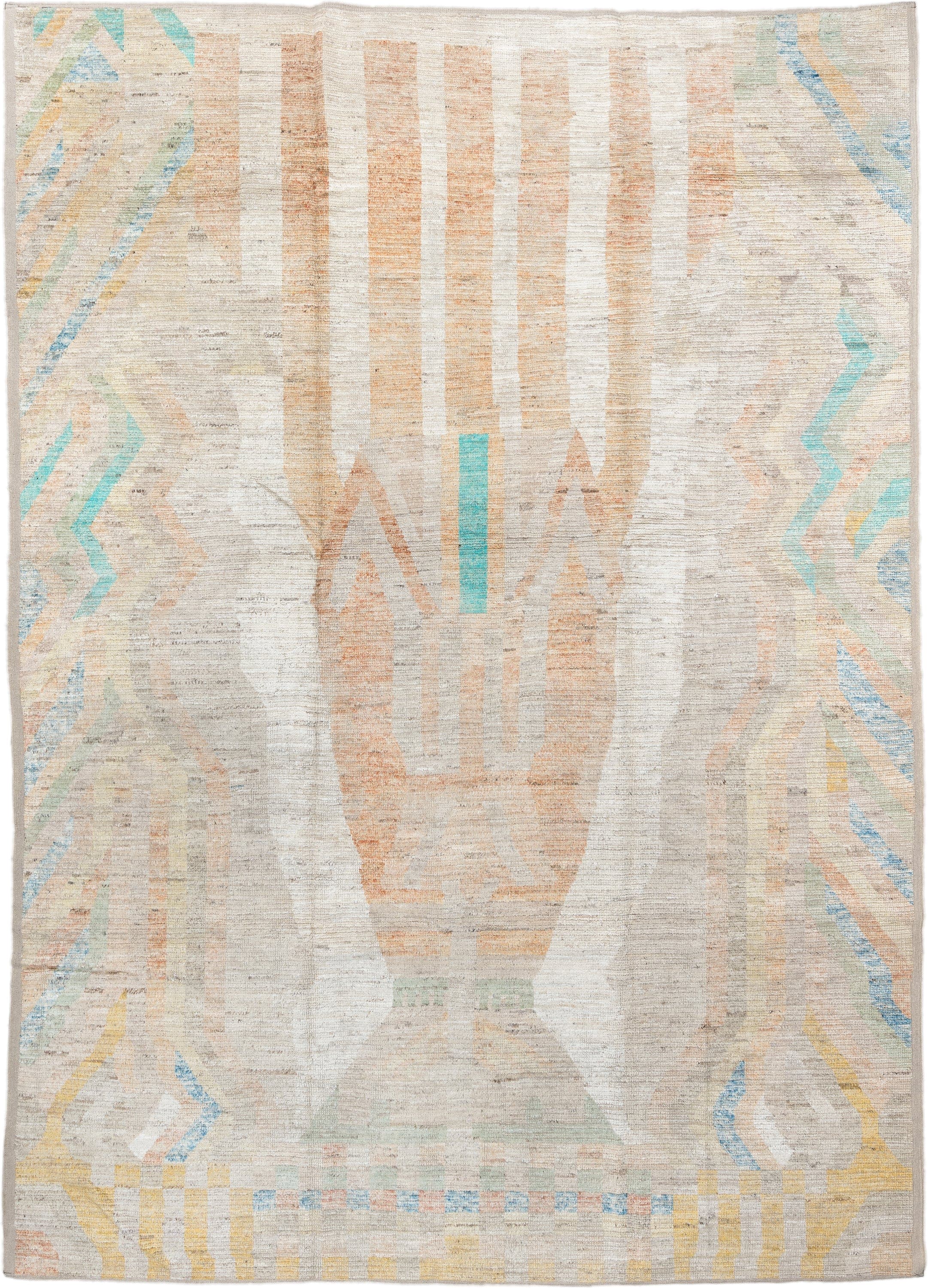 10' x 13' one-of-a-kind handmade vintage Tulu large size rug. Color palette: ivory, peach, aqua, sand, pale yellow, taupe