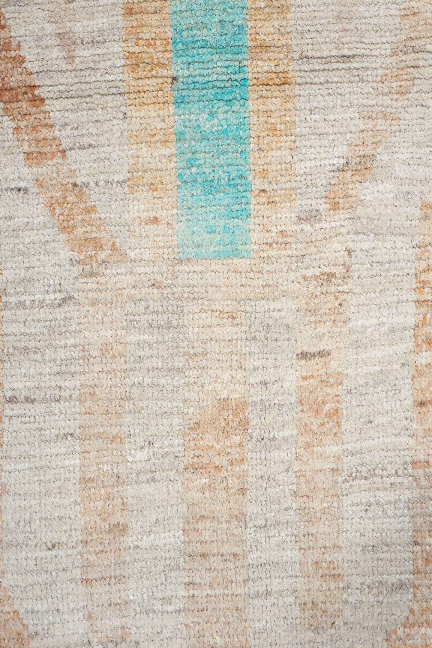 10' x 13' one-of-a-kind handmade vintage Tulu large size rug. Color palette: ivory, peach, aqua, sand, pale yellow, taupe