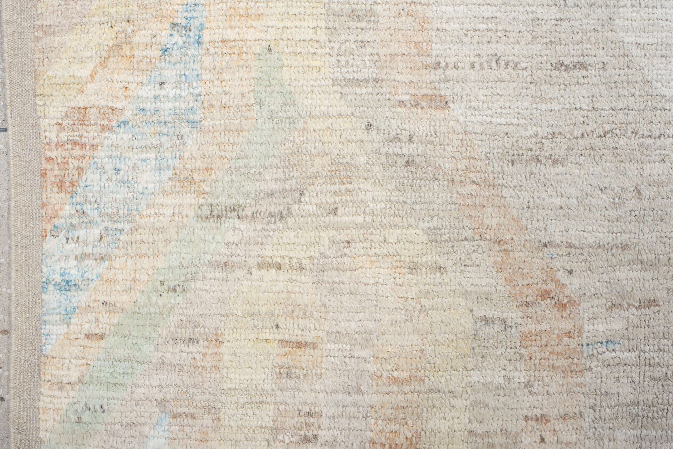 10' x 13' one-of-a-kind handmade vintage Tulu large size rug. Color palette: ivory, peach, aqua, sand, pale yellow, taupe