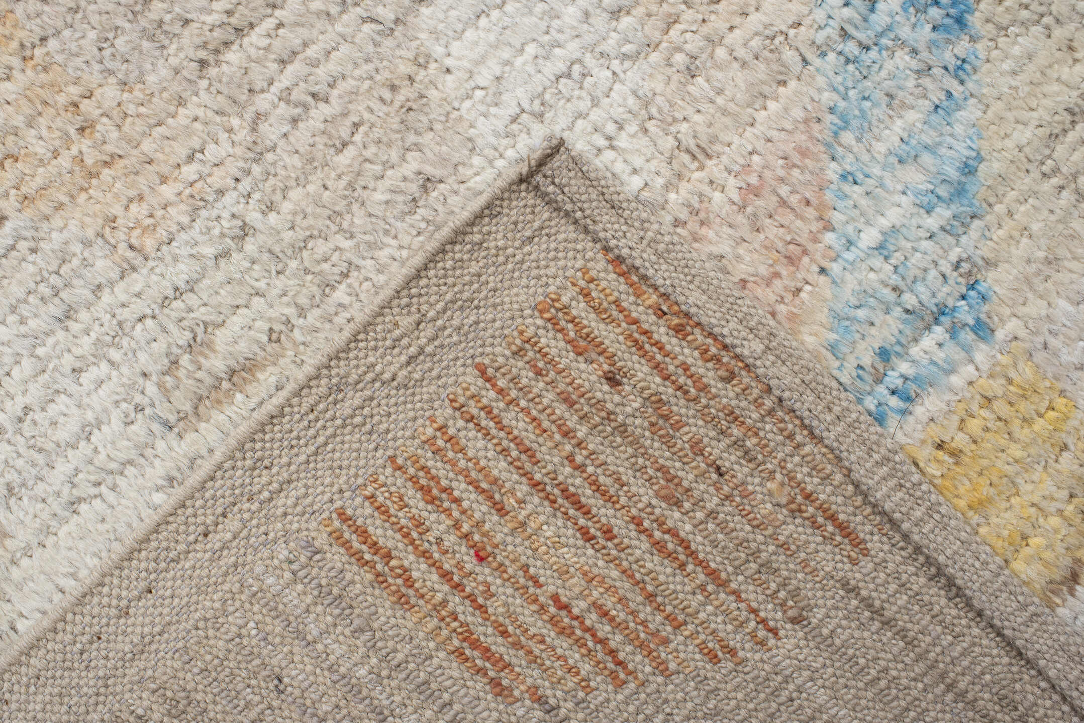 10' x 13' one-of-a-kind handmade vintage Tulu large size rug. Color palette: ivory, peach, aqua, sand, pale yellow, taupe