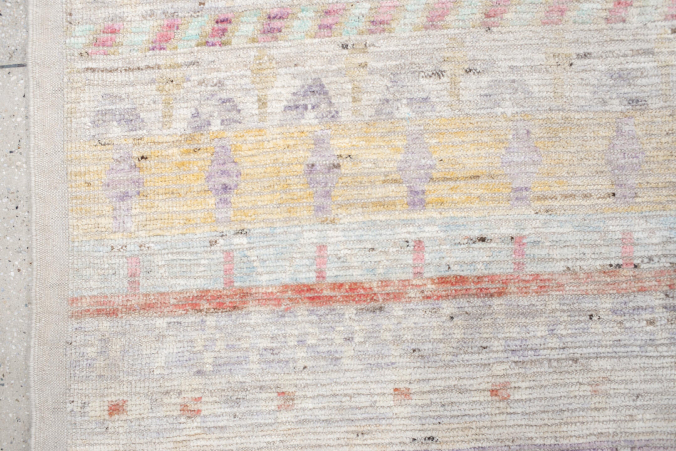 13' x 19' one-of-a-kind handmade vintage Tulu oversize rug. Color palette: ivory, lavender, rose, aqua, pale yellow, coral