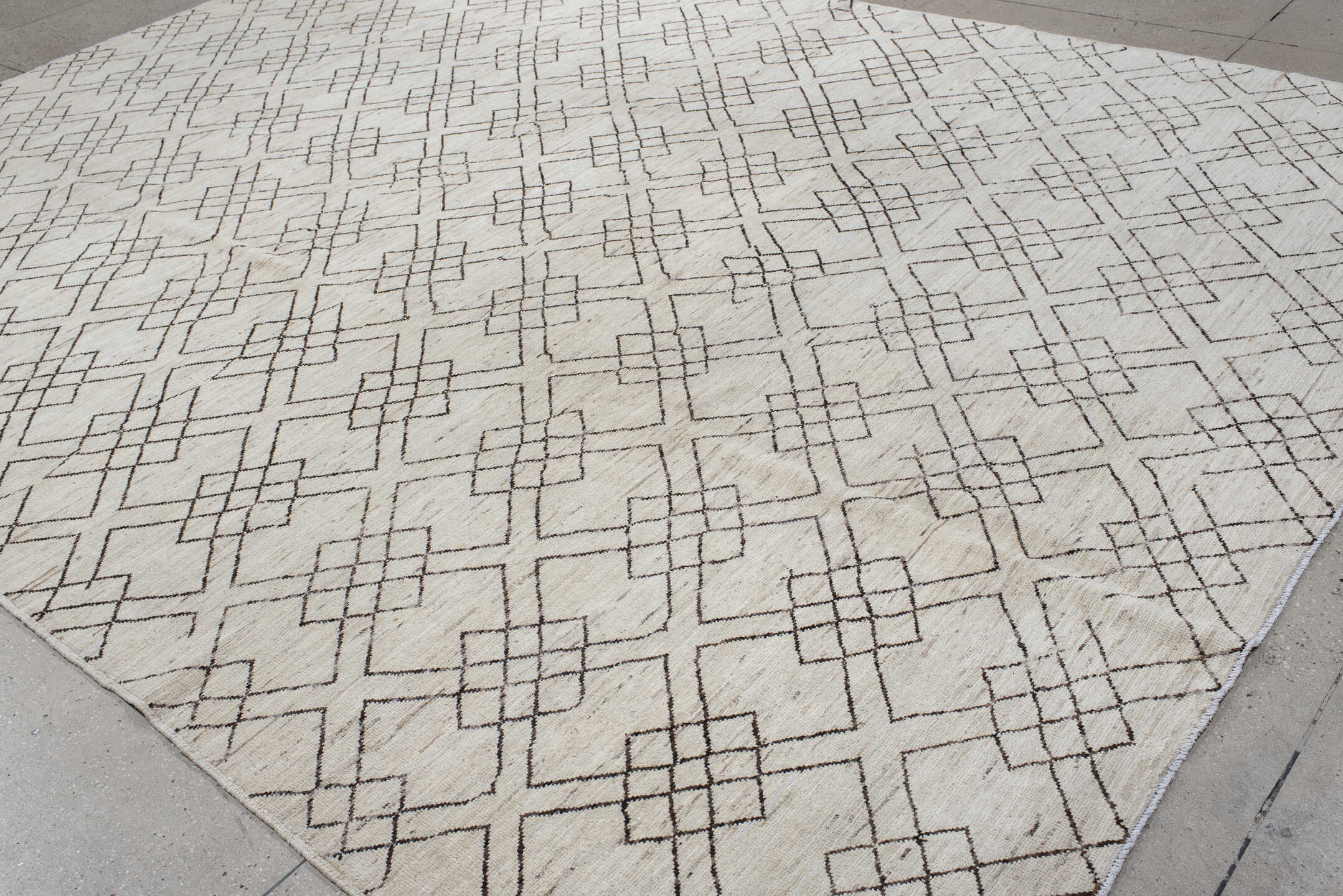 10' x 13' one-of-a-kind handmade vintage Tulu large size rug. Color palette: ivory, charcoal, taupe, cream, gray, black