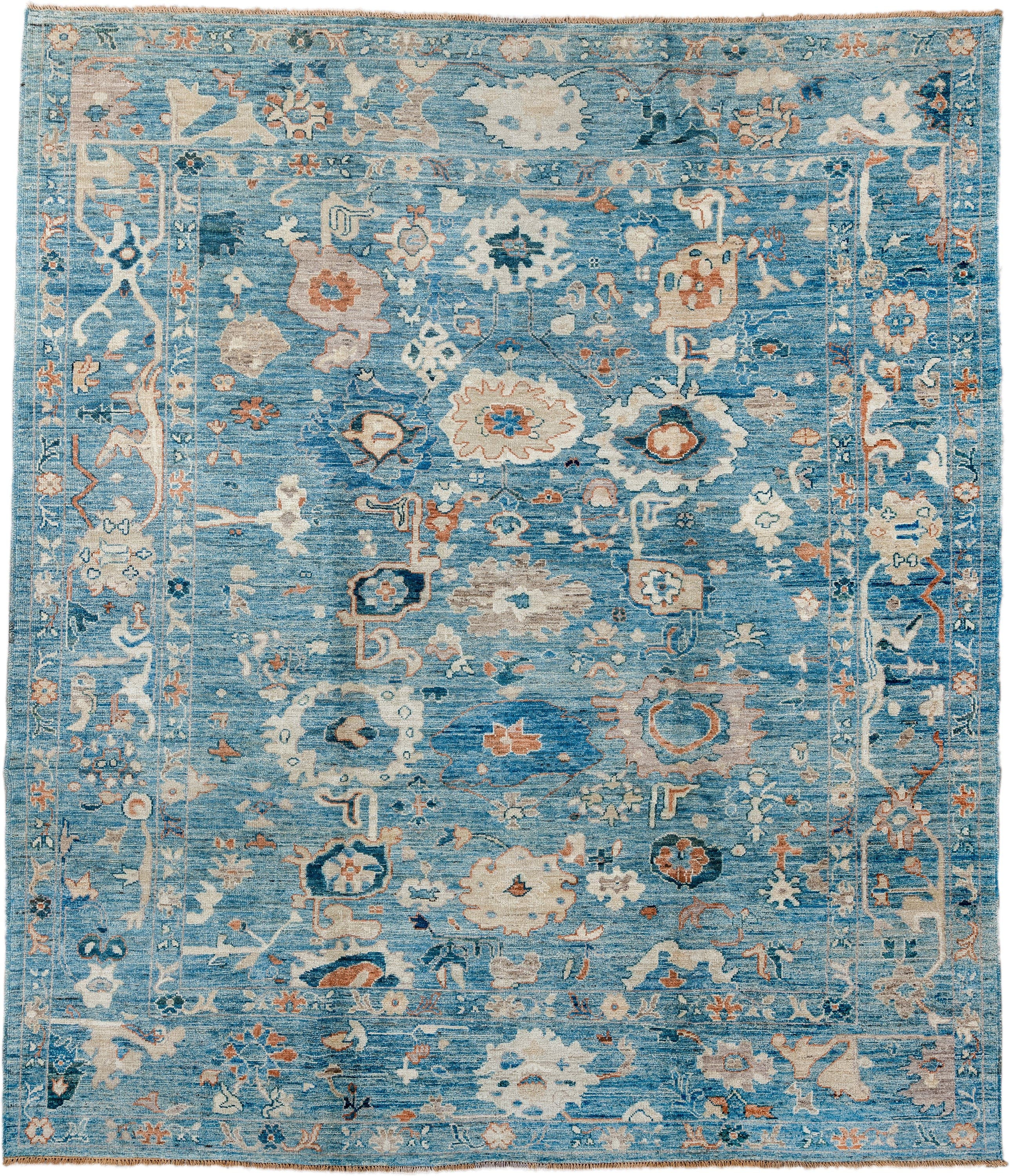 8' x 9' one-of-a-kind handmade vintage Oushak rug. Color palette: sky blue, ivory, peach, taupe, navy, slate, camel