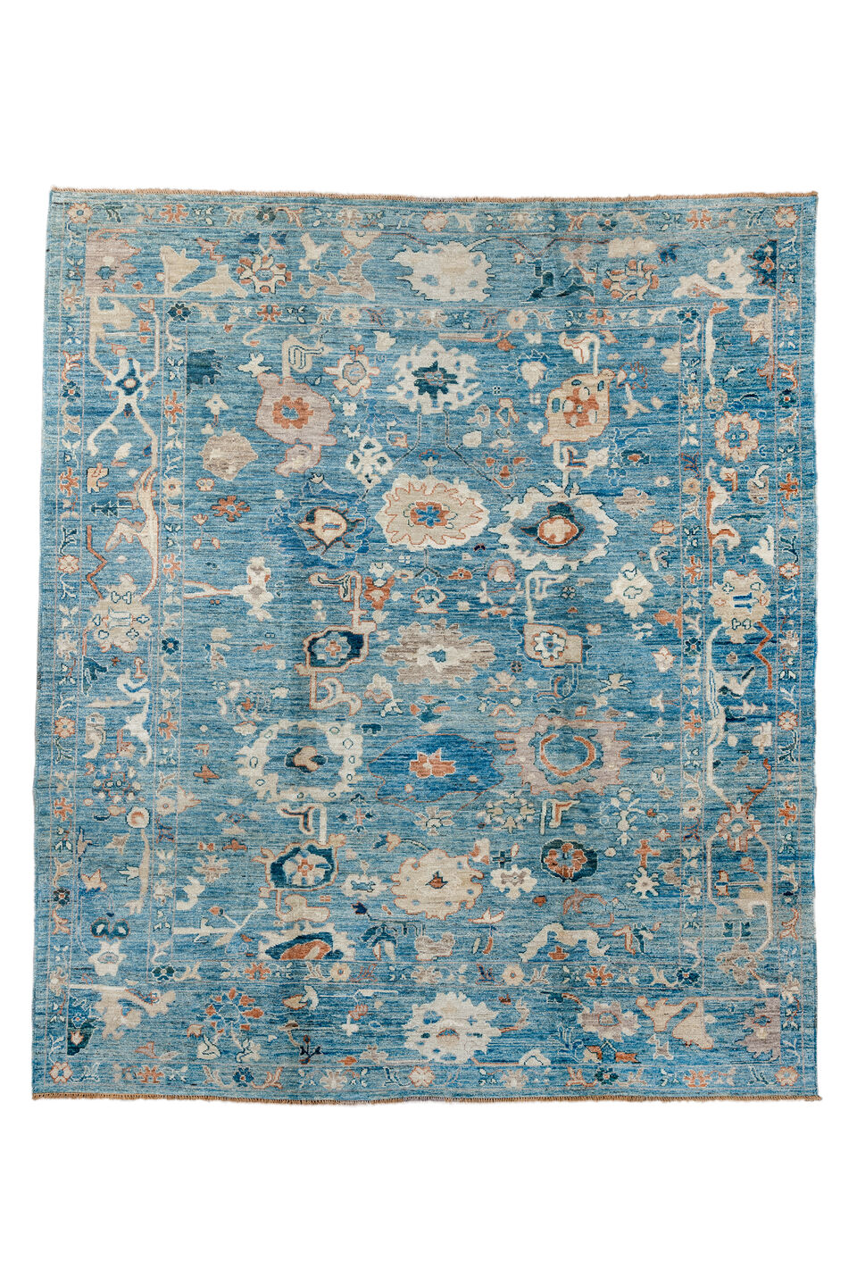 8' x 9' one-of-a-kind handmade vintage Oushak rug. Color palette: gray, blue, light blue, light gray, brown, pink, silver