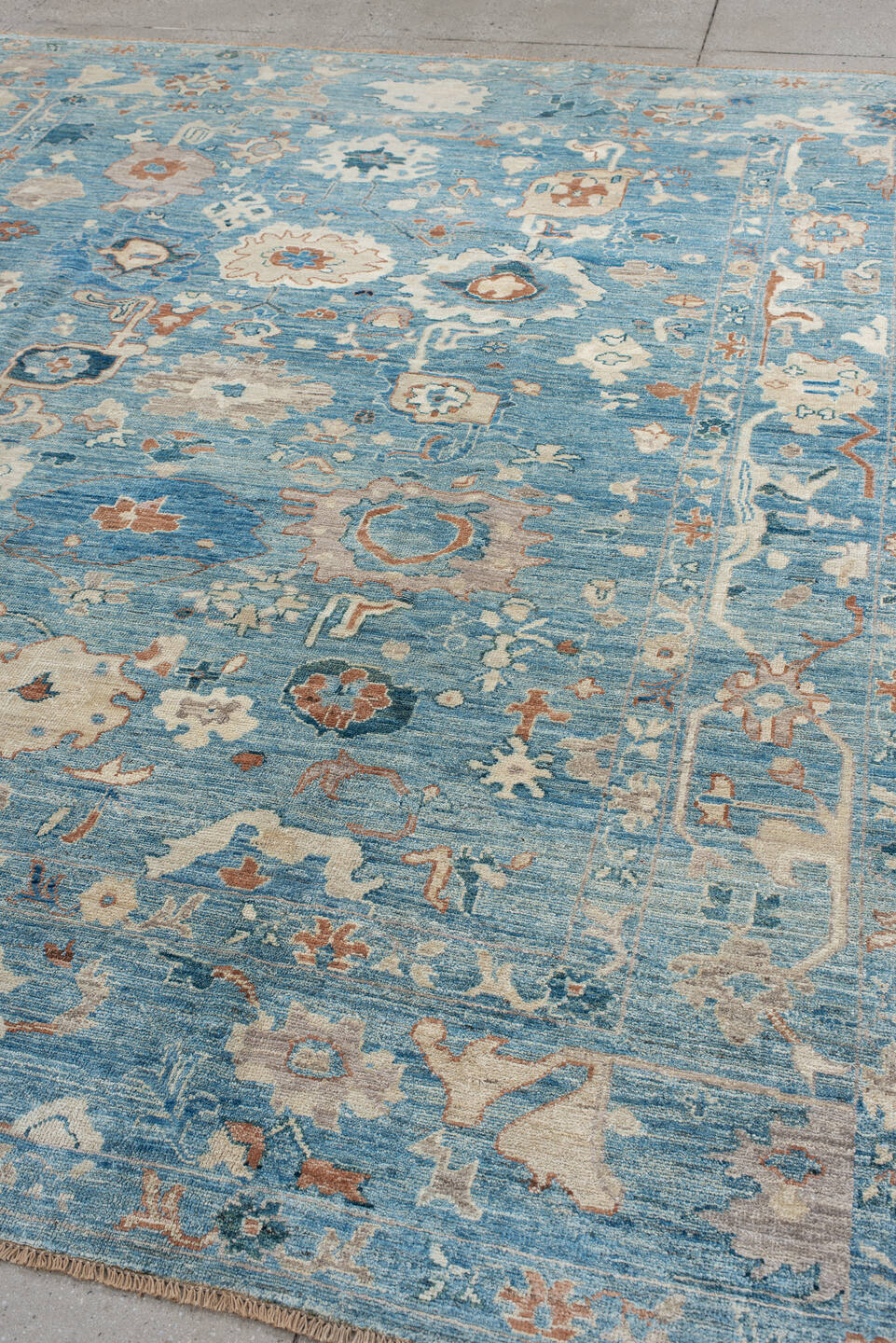 8' x 9' one-of-a-kind handmade vintage Oushak rug. Color palette: sky blue, ivory, peach, taupe, navy, slate, camel