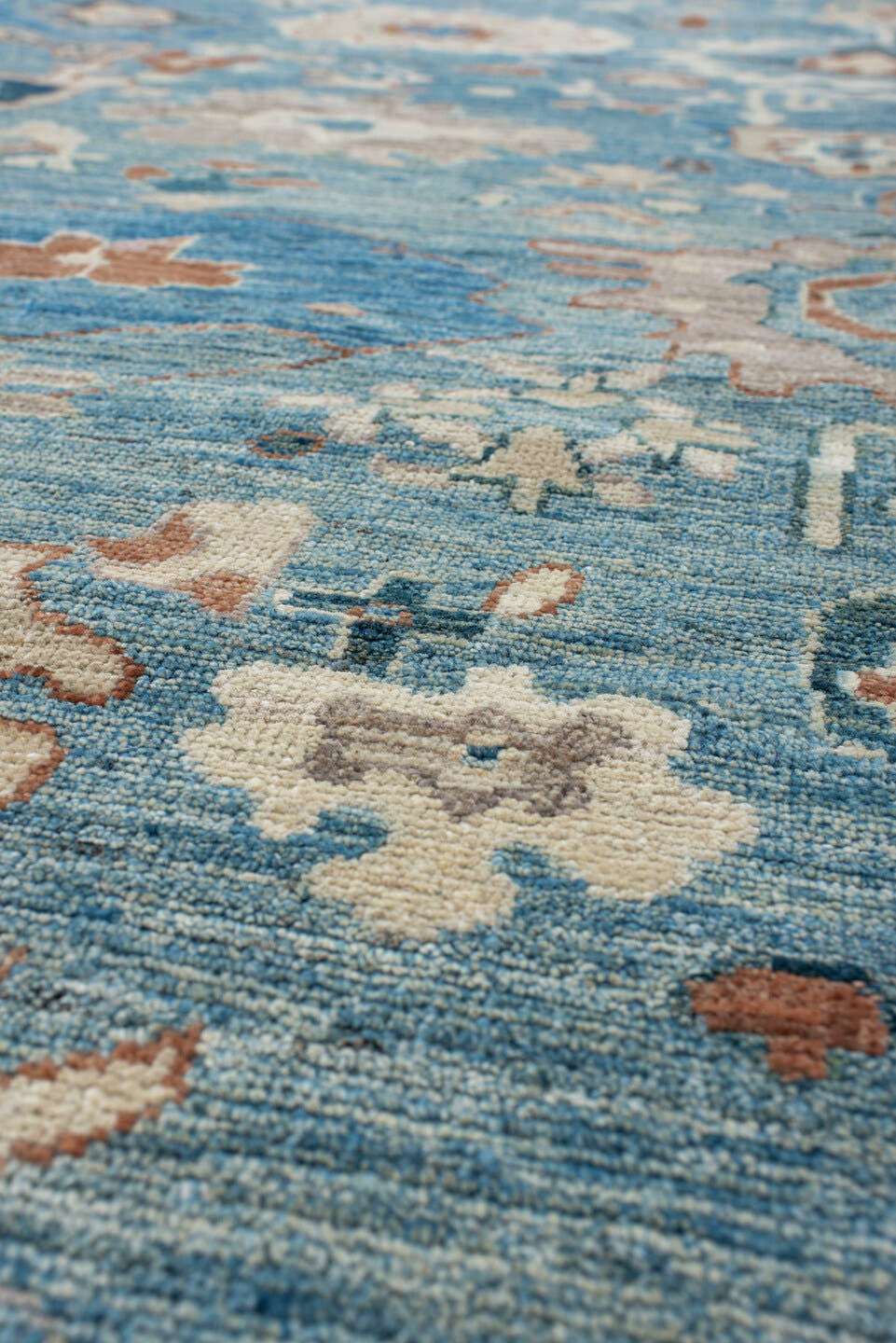 8' x 9' one-of-a-kind handmade vintage Oushak rug. Color palette: sky blue, ivory, peach, taupe, navy, slate, camel