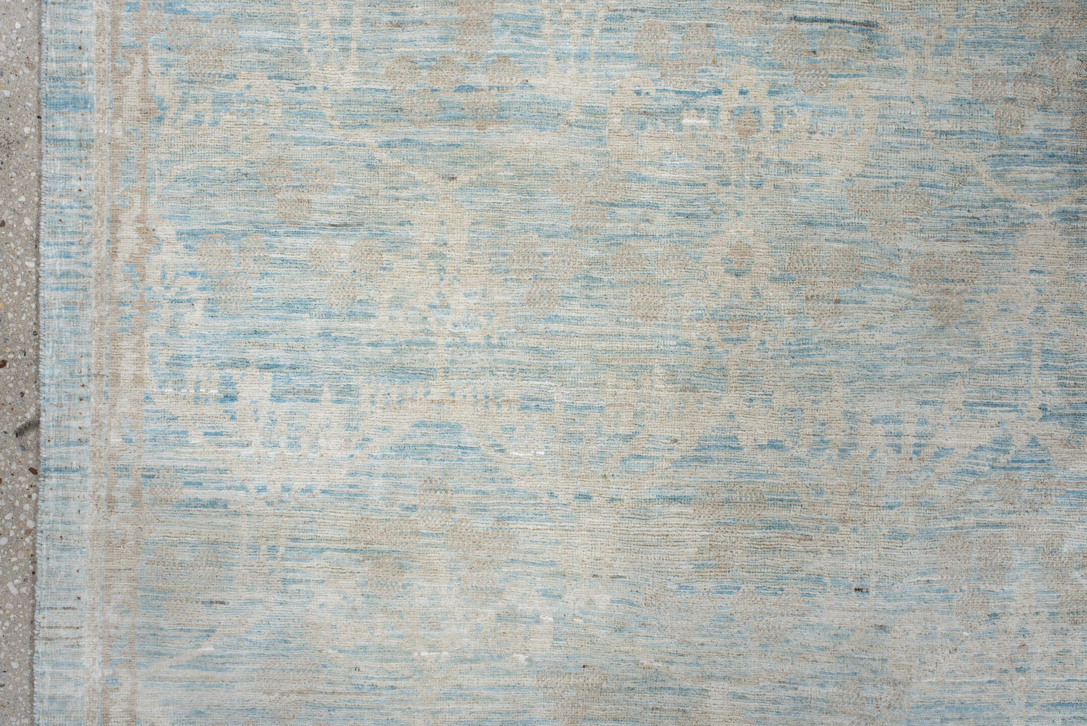 9' x 11' one-of-a-kind handmade vintage Oushak large size rug. Color palette: light gray, off-white, gray, light blue