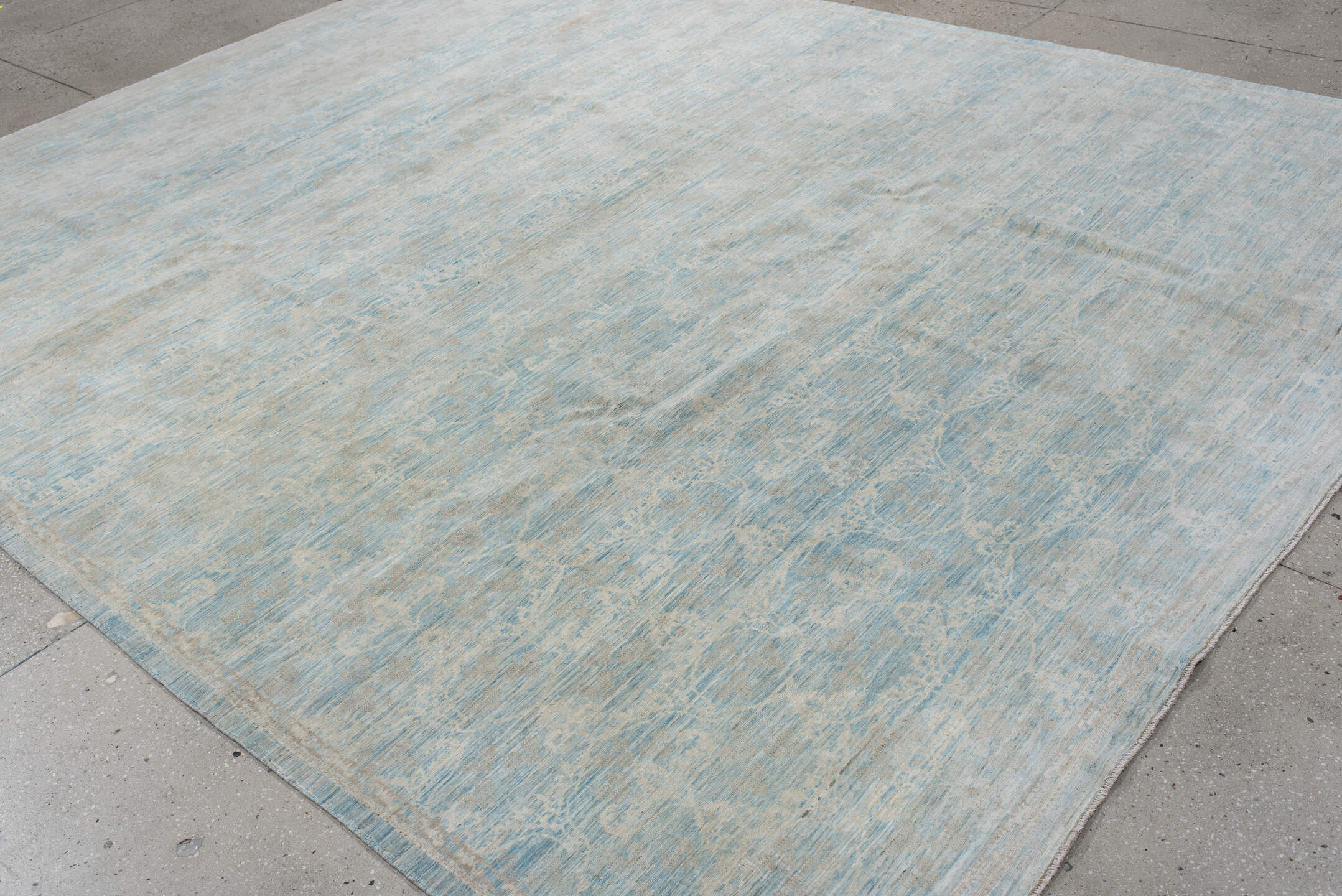 9' x 11' one-of-a-kind handmade vintage Oushak large size rug. Color palette: light gray, off-white, gray, light blue
