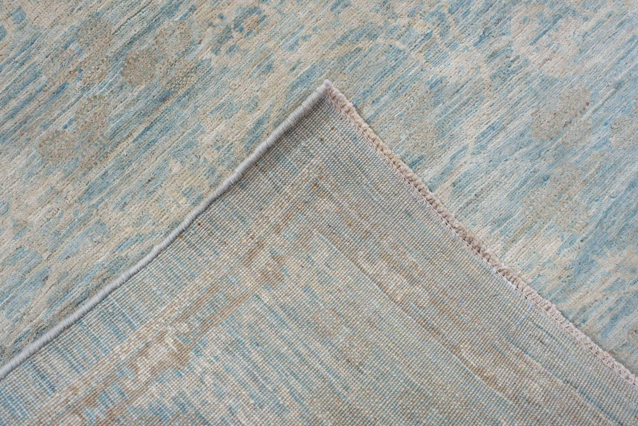 9' x 11' one-of-a-kind handmade vintage Oushak large size rug. Color palette: light gray, off-white, gray, light blue