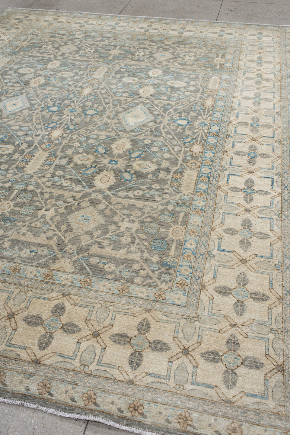 9' x 11' one-of-a-kind handmade vintage Oushak large size rug. Color palette: gray, ivory, sky blue, taupe, beige, camel