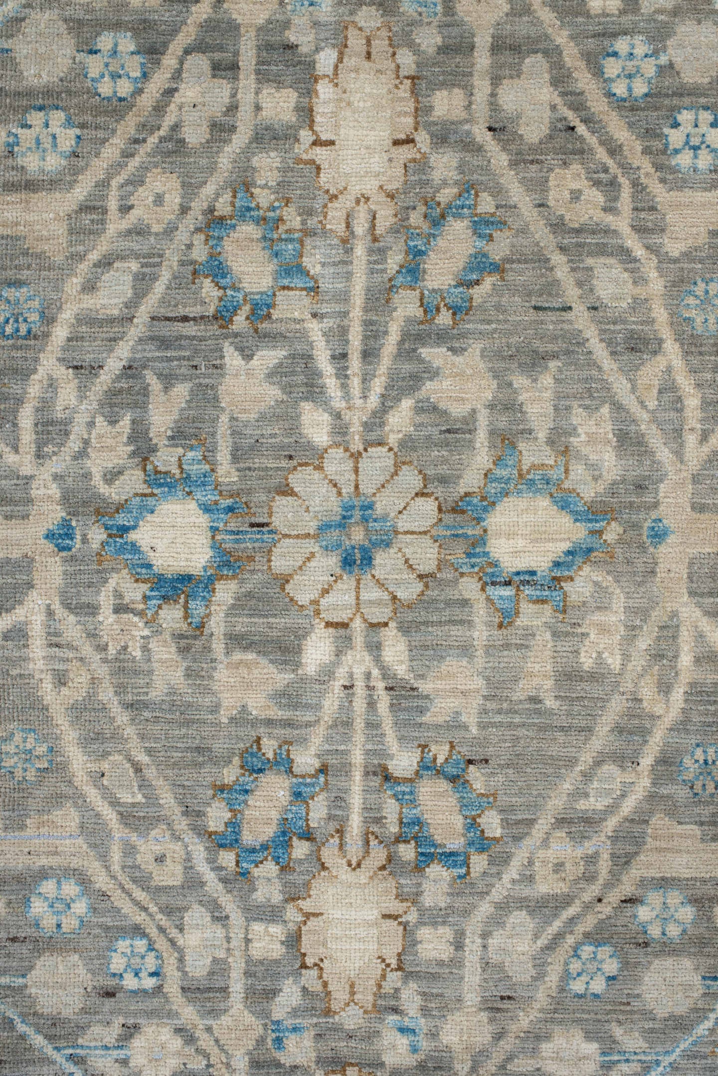 9' x 11' one-of-a-kind handmade vintage Oushak large size rug. Color palette: gray, ivory, sky blue, taupe, beige, camel