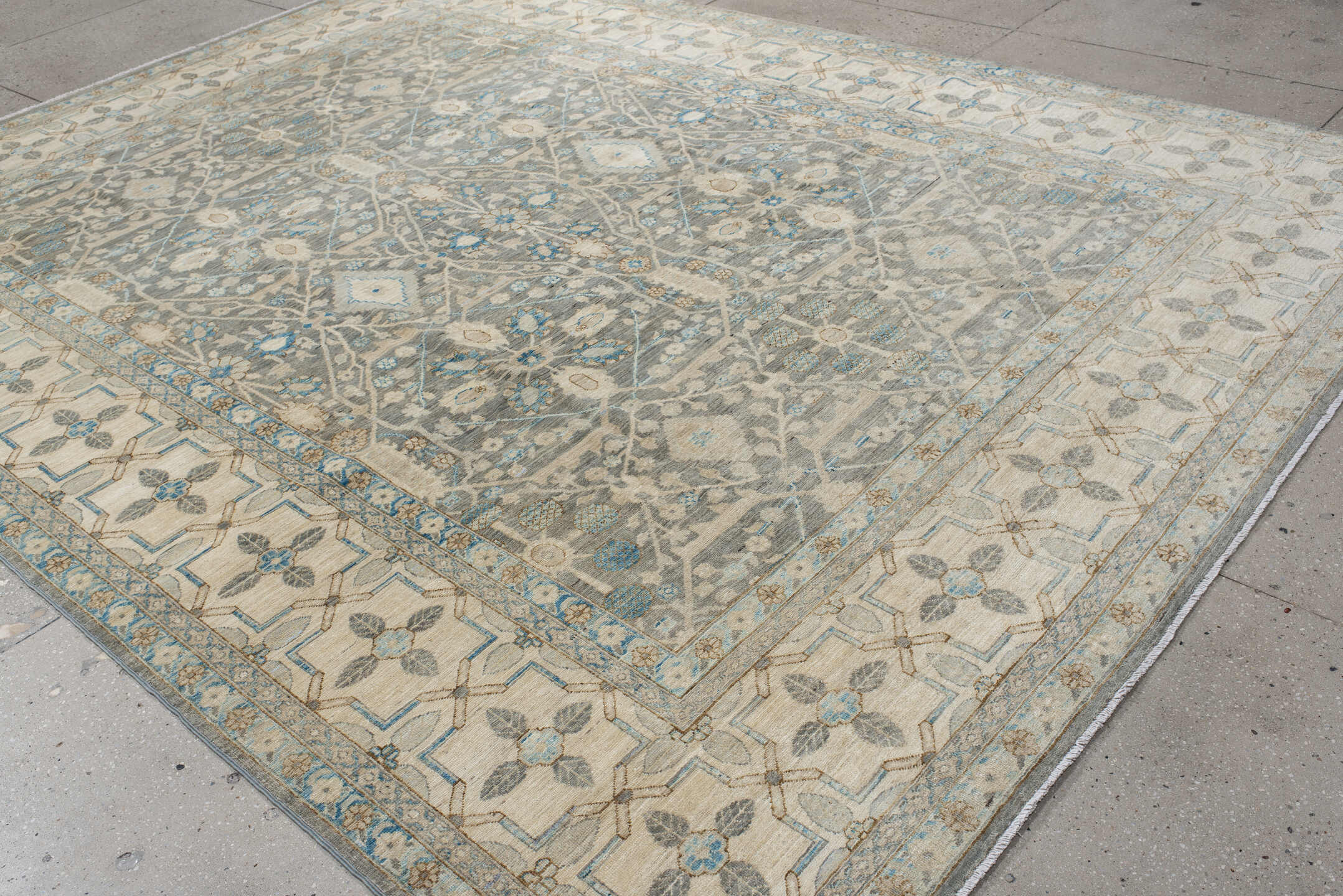 9' x 11' one-of-a-kind handmade vintage Oushak large size rug. Color palette: gray, ivory, sky blue, taupe, beige, camel