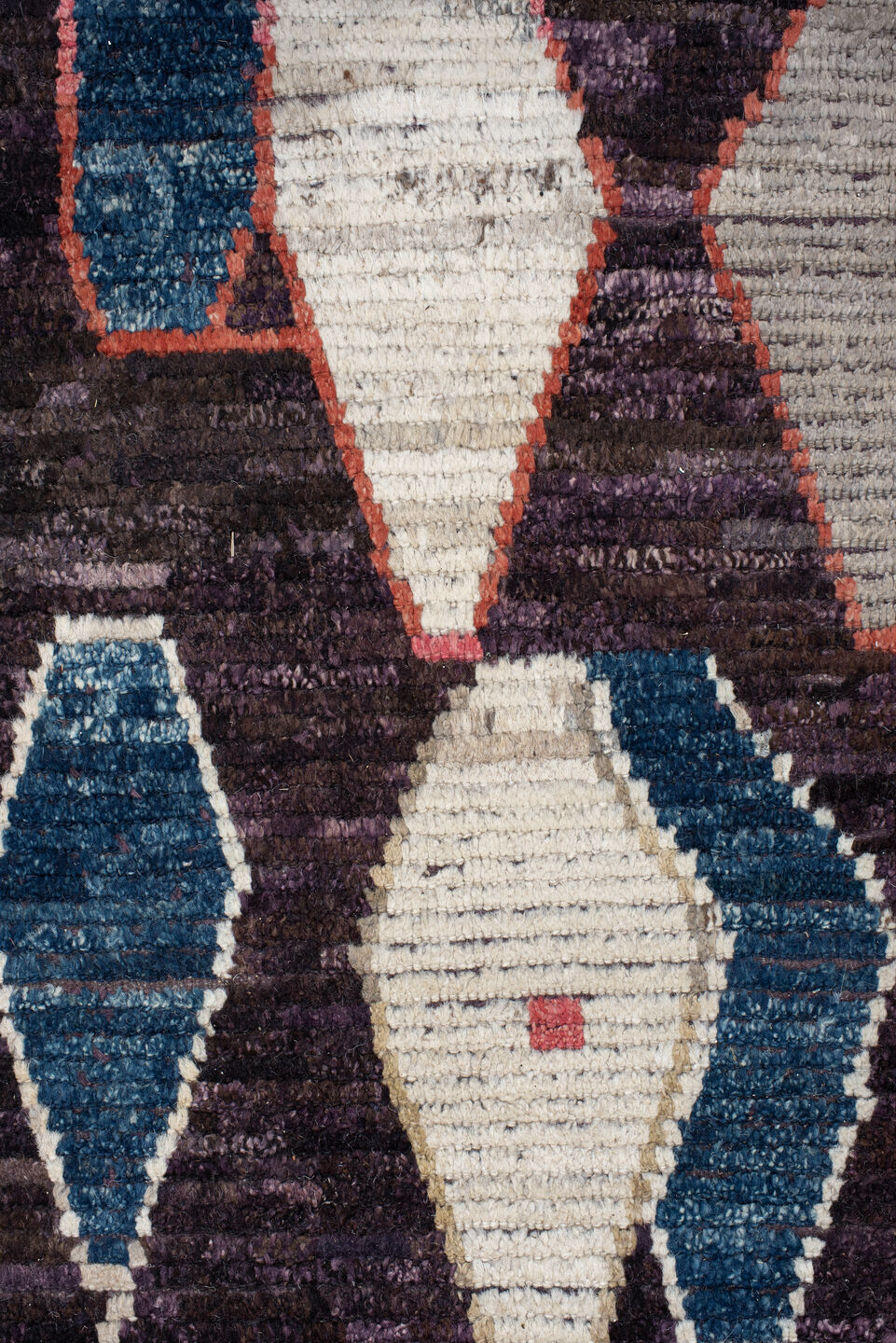 9' x 12' one-of-a-kind handmade vintage Tulu large size rug. Color palette: plum, ivory, taupe, indigo, coral, rose