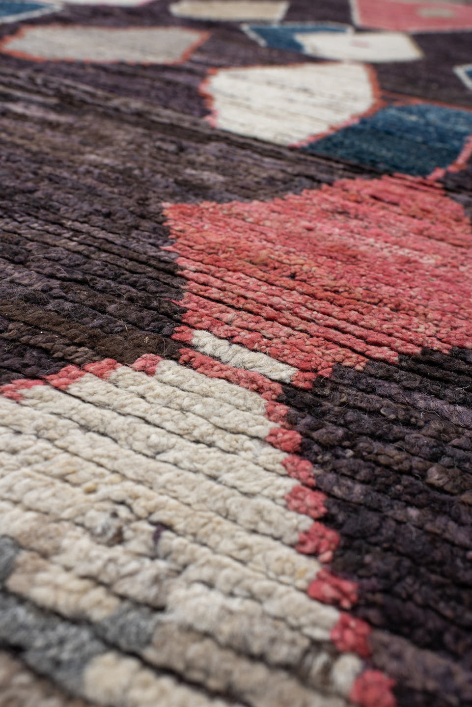 9' x 12' one-of-a-kind handmade vintage Tulu large size rug. Color palette: plum, ivory, taupe, indigo, coral, rose
