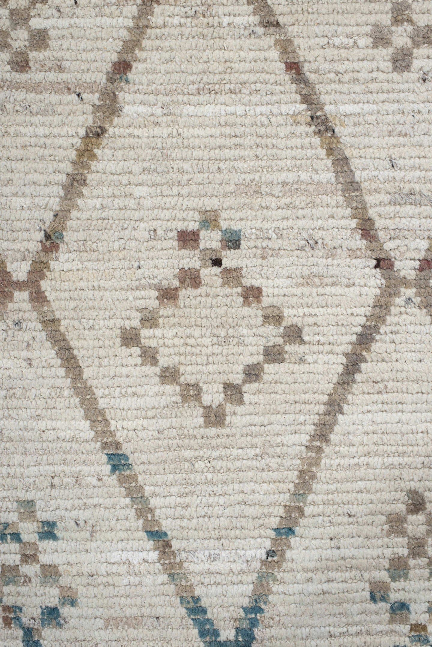 10' x 13' one-of-a-kind handmade vintage Tulu large size rug. Color palette: ivory, taupe, blue, beige, charcoal, brown