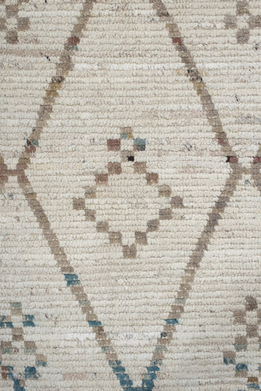 10' x 13' one-of-a-kind handmade vintage Tulu large size rug. Color palette: ivory, taupe, blue, beige, charcoal, brown