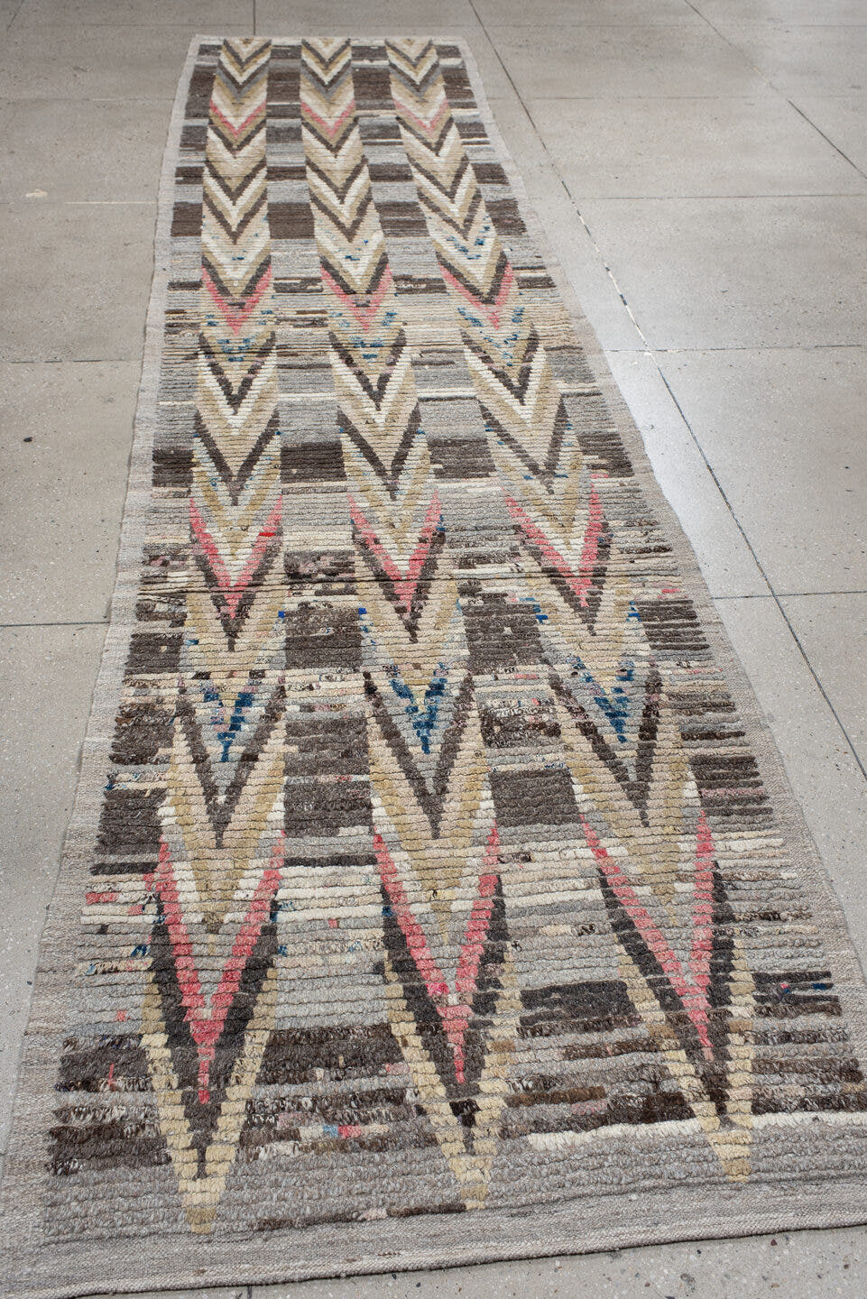 3' x 15' one-of-a-kind handmade vintage Tulu runner rug. Color palette: gray, ivory, charcoal, taupe, brown, rose, blue