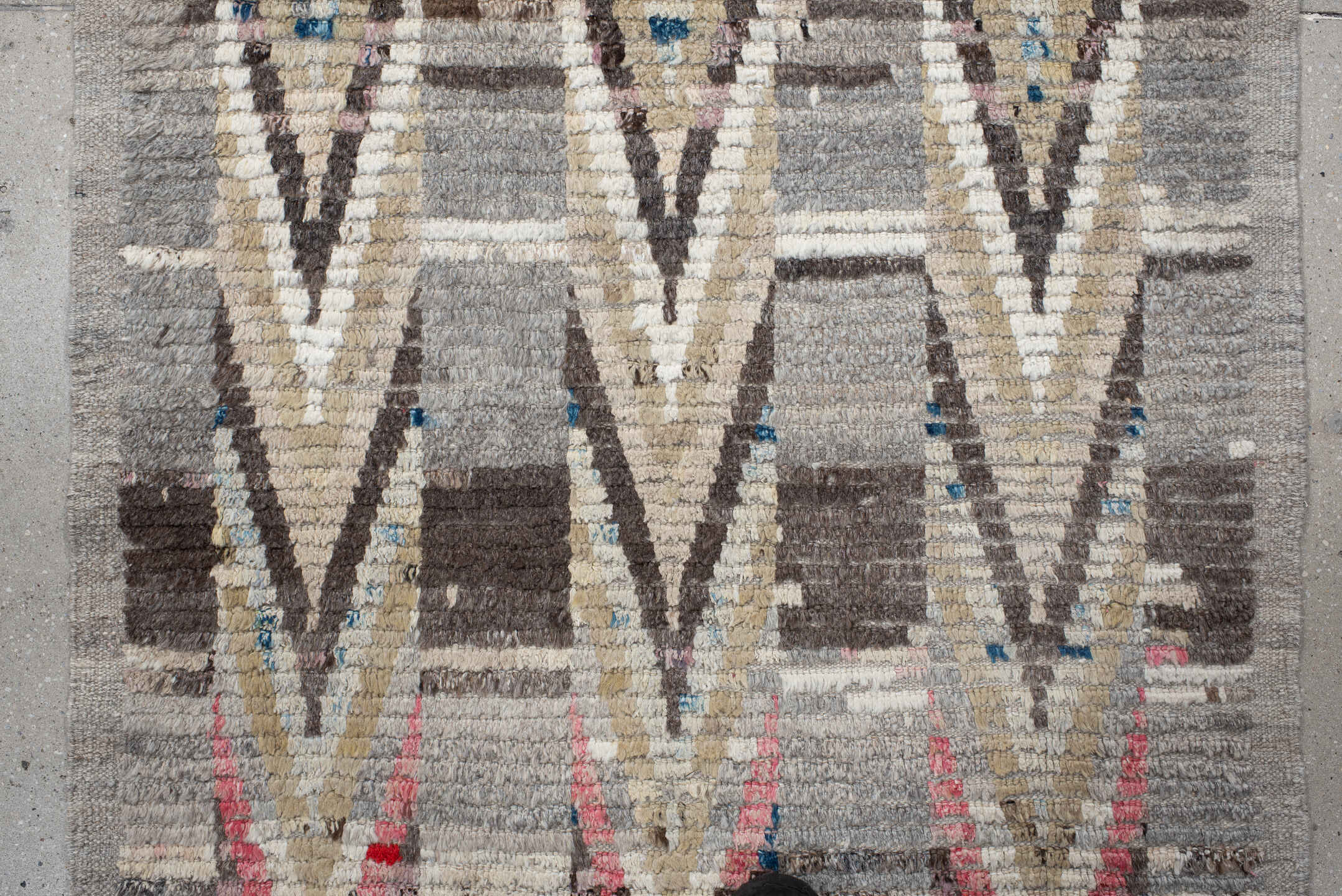 3' x 15' one-of-a-kind handmade vintage Tulu runner rug. Color palette: gray, ivory, charcoal, taupe, brown, rose, blue