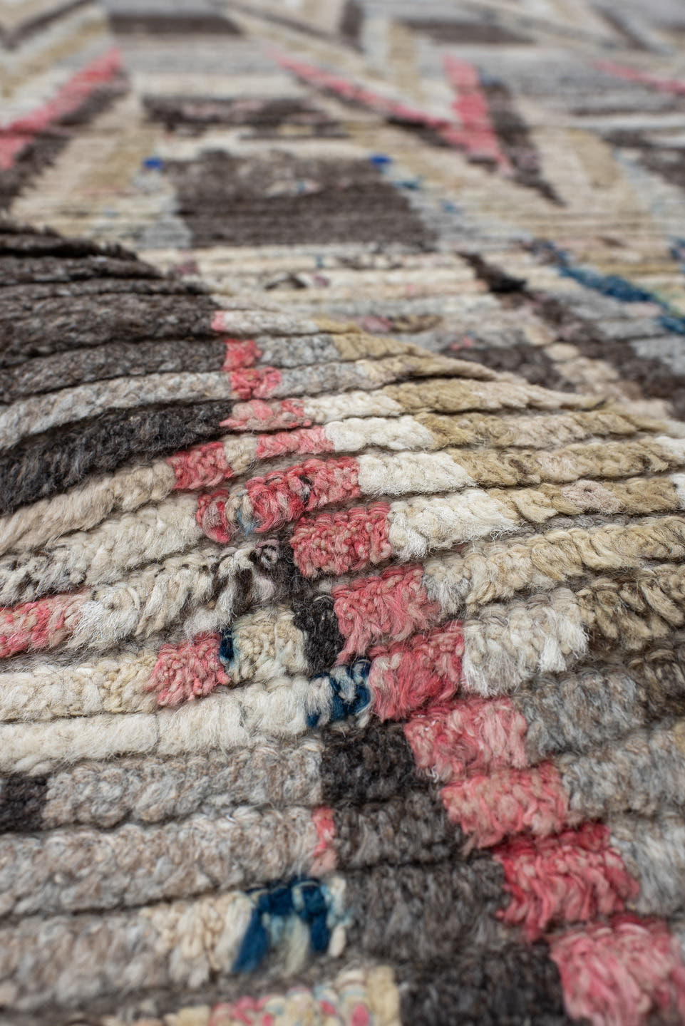 3' x 15' one-of-a-kind handmade vintage Tulu runner rug. Color palette: gray, ivory, charcoal, taupe, brown, rose, blue