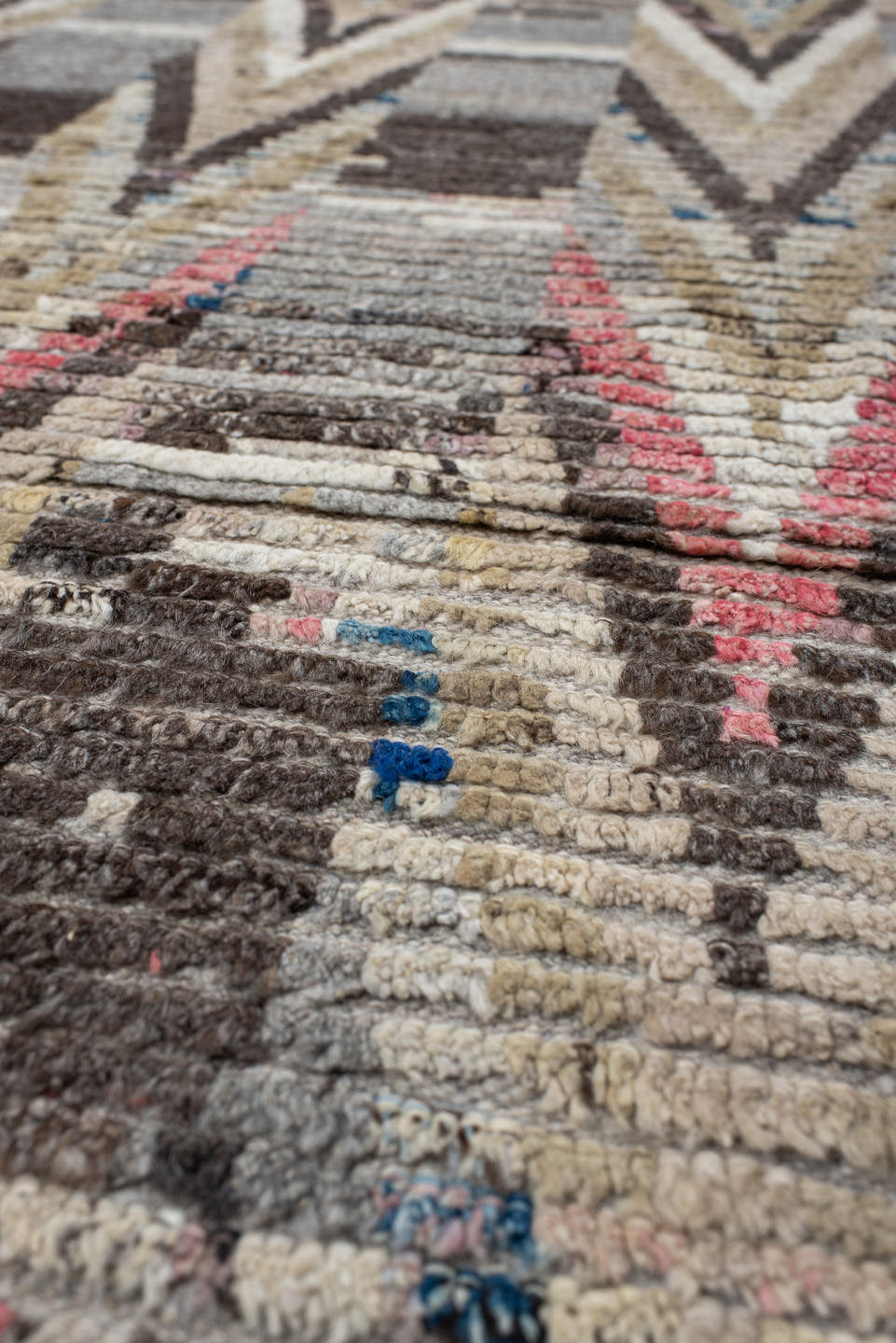 3' x 15' one-of-a-kind handmade vintage Tulu runner rug. Color palette: gray, ivory, charcoal, taupe, brown, rose, blue