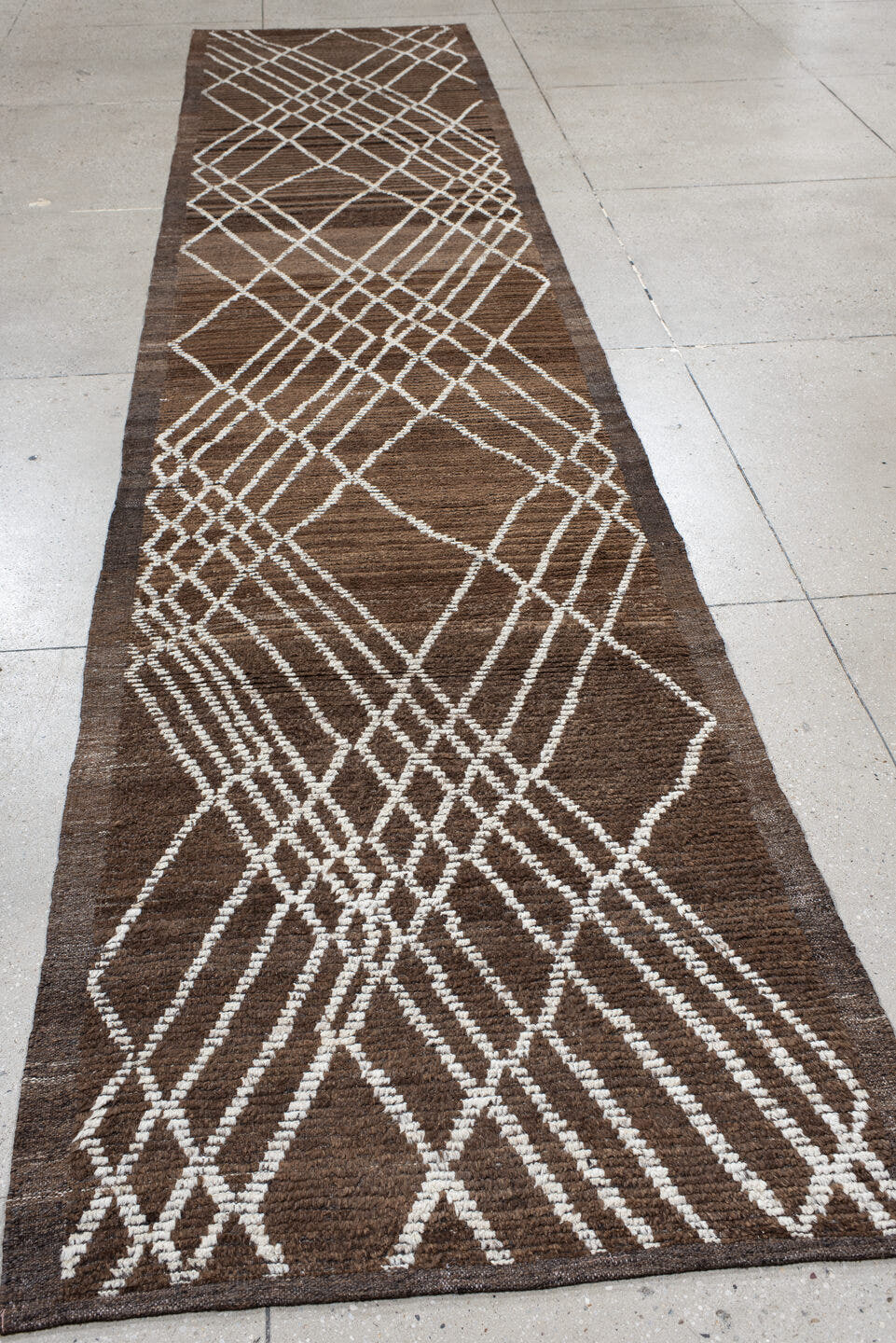 3' x 15' one-of-a-kind handmade vintage Tulu runner rug. Color palette: brown, ivory, taupe, charcoal, beige, gray, black