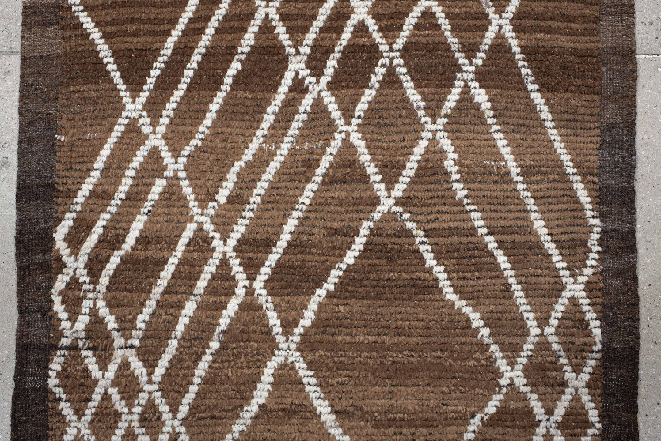 3' x 15' one-of-a-kind handmade vintage Tulu runner rug. Color palette: brown, ivory, taupe, charcoal, beige, gray, black