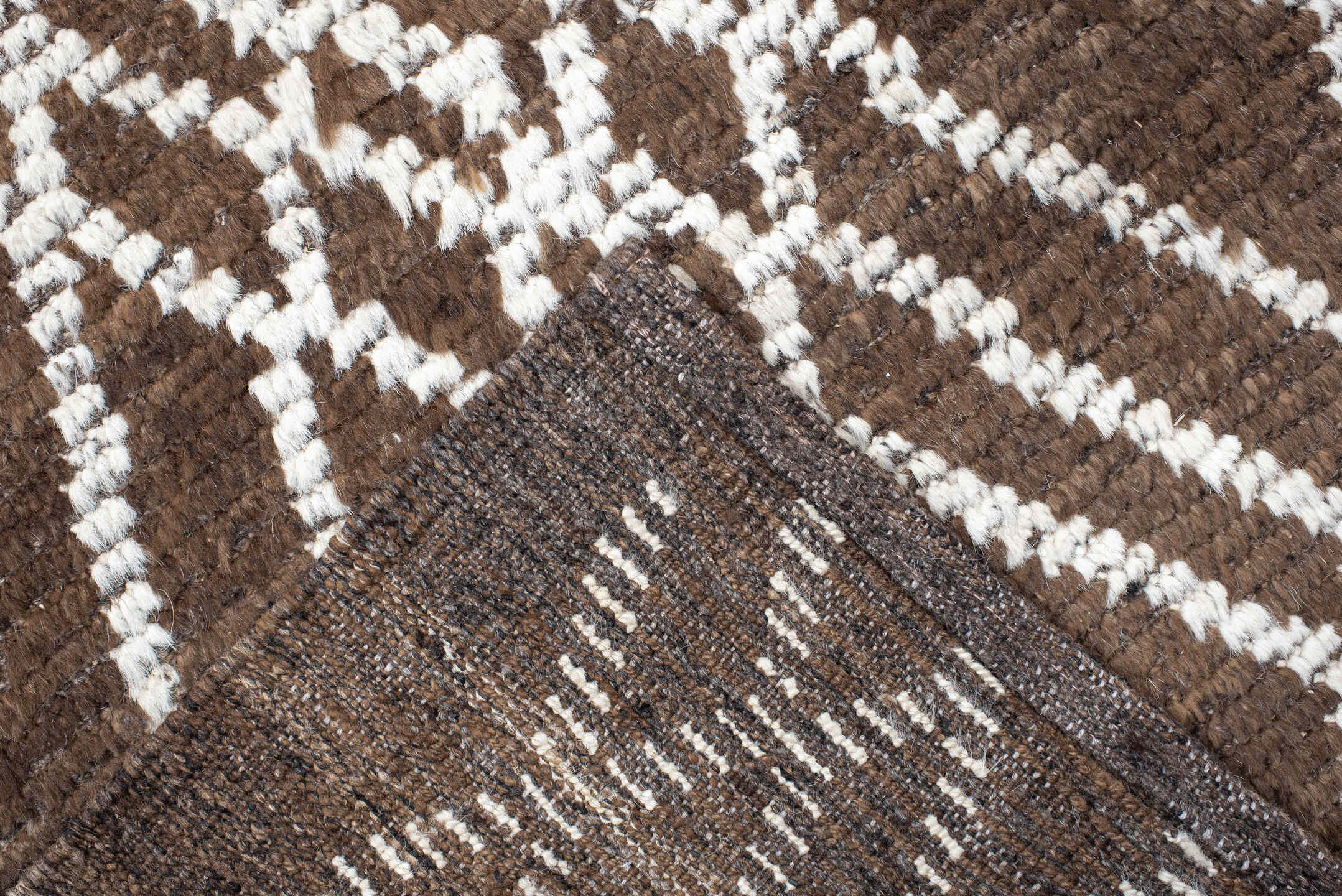 3' x 15' one-of-a-kind handmade vintage Tulu runner rug. Color palette: brown, ivory, taupe, charcoal, beige, gray, black