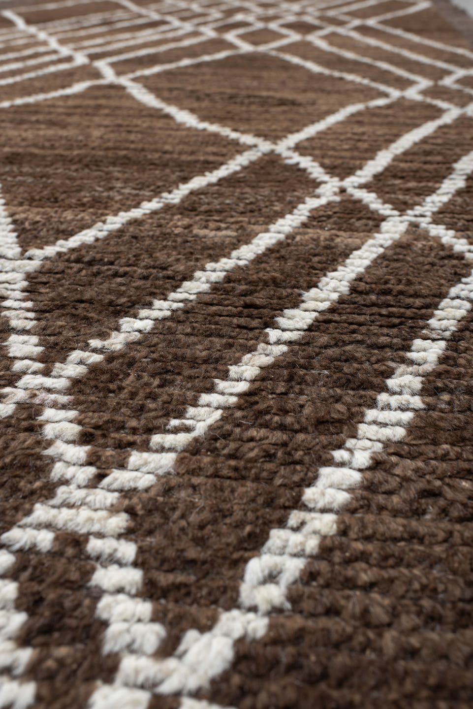 3' x 15' one-of-a-kind handmade vintage Tulu runner rug. Color palette: brown, ivory, taupe, charcoal, beige, gray, black