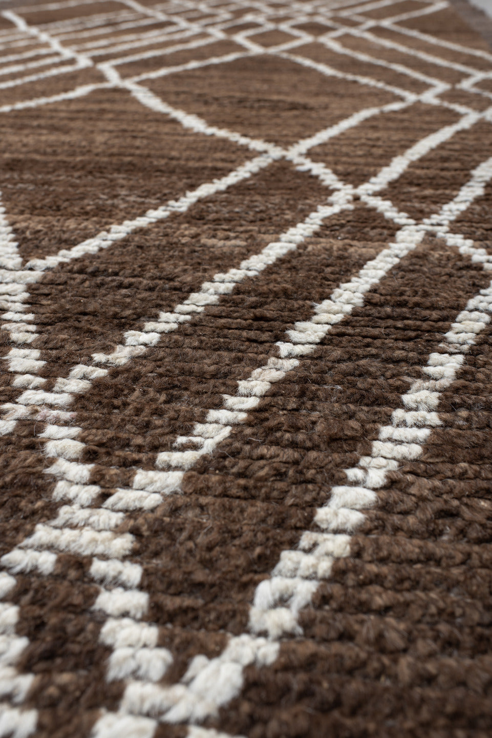 3' x 15' one-of-a-kind handmade vintage Tulu runner rug. Color palette: brown, ivory, taupe, charcoal, beige, gray, black