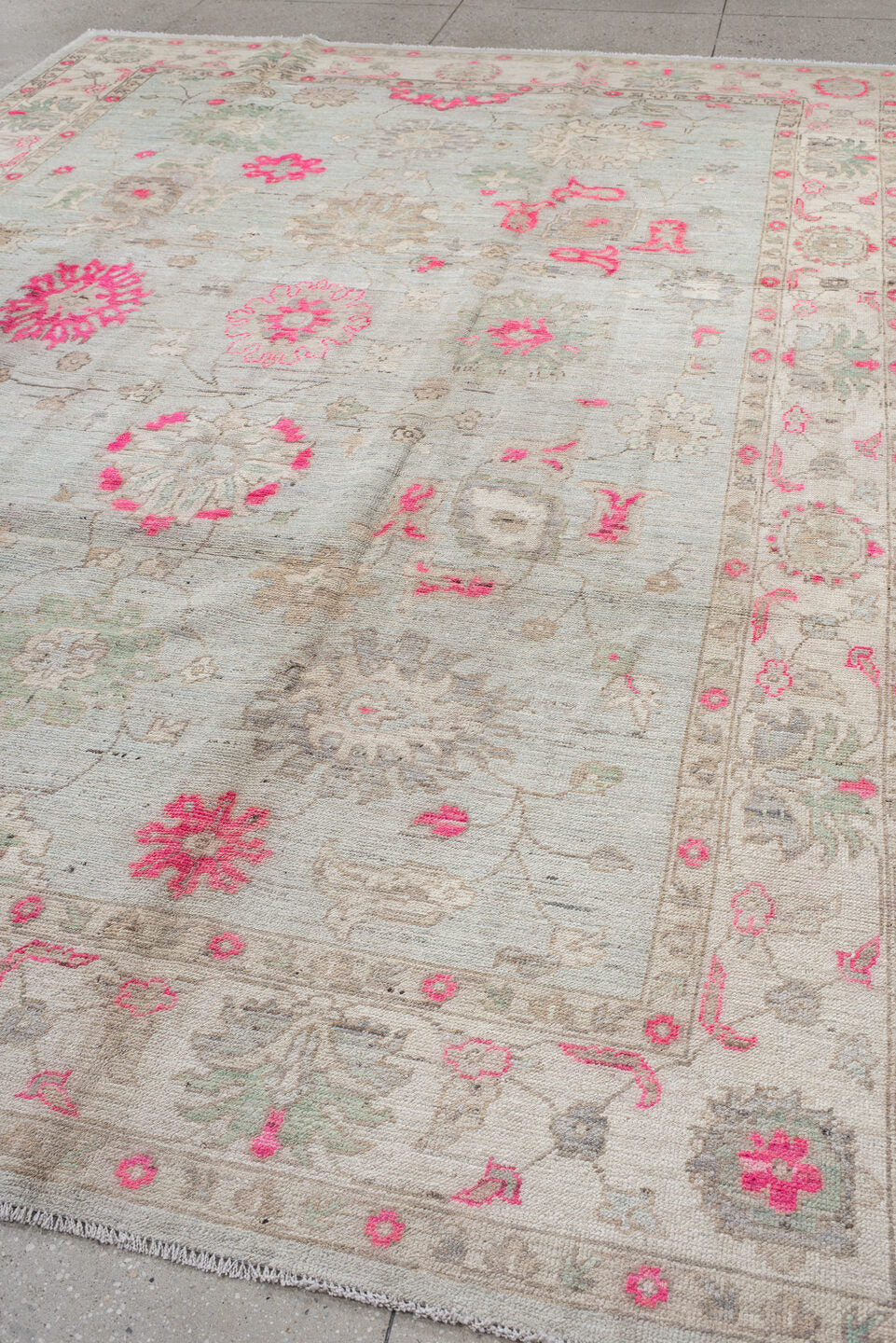 9' x 12' one-of-a-kind handmade vintage Oushak large size rug. Color palette: ivory, pale blue, hot pink, taupe, sage, cream