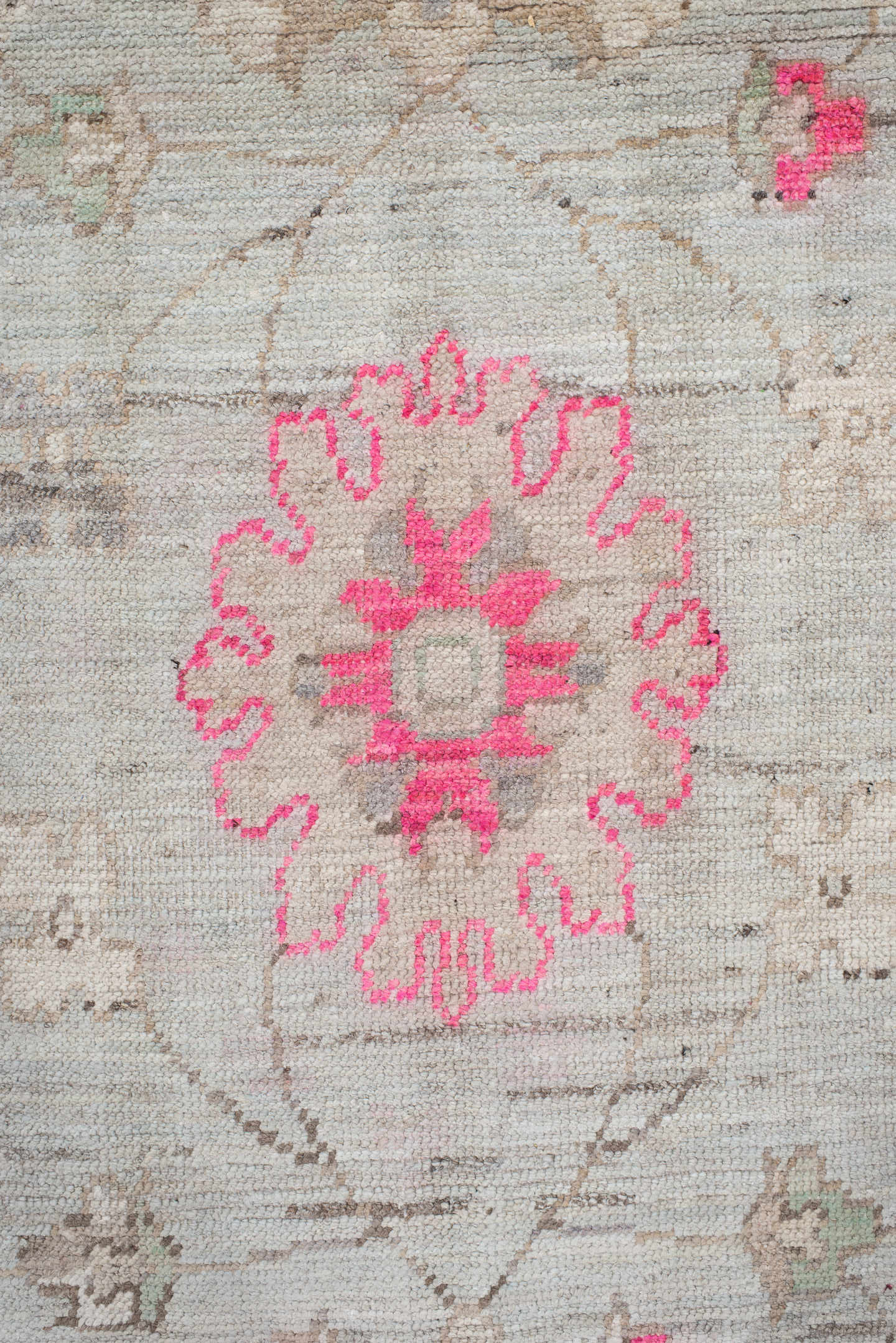 9' x 12' one-of-a-kind handmade vintage Oushak large size rug. Color palette: ivory, pale blue, hot pink, taupe, sage, cream