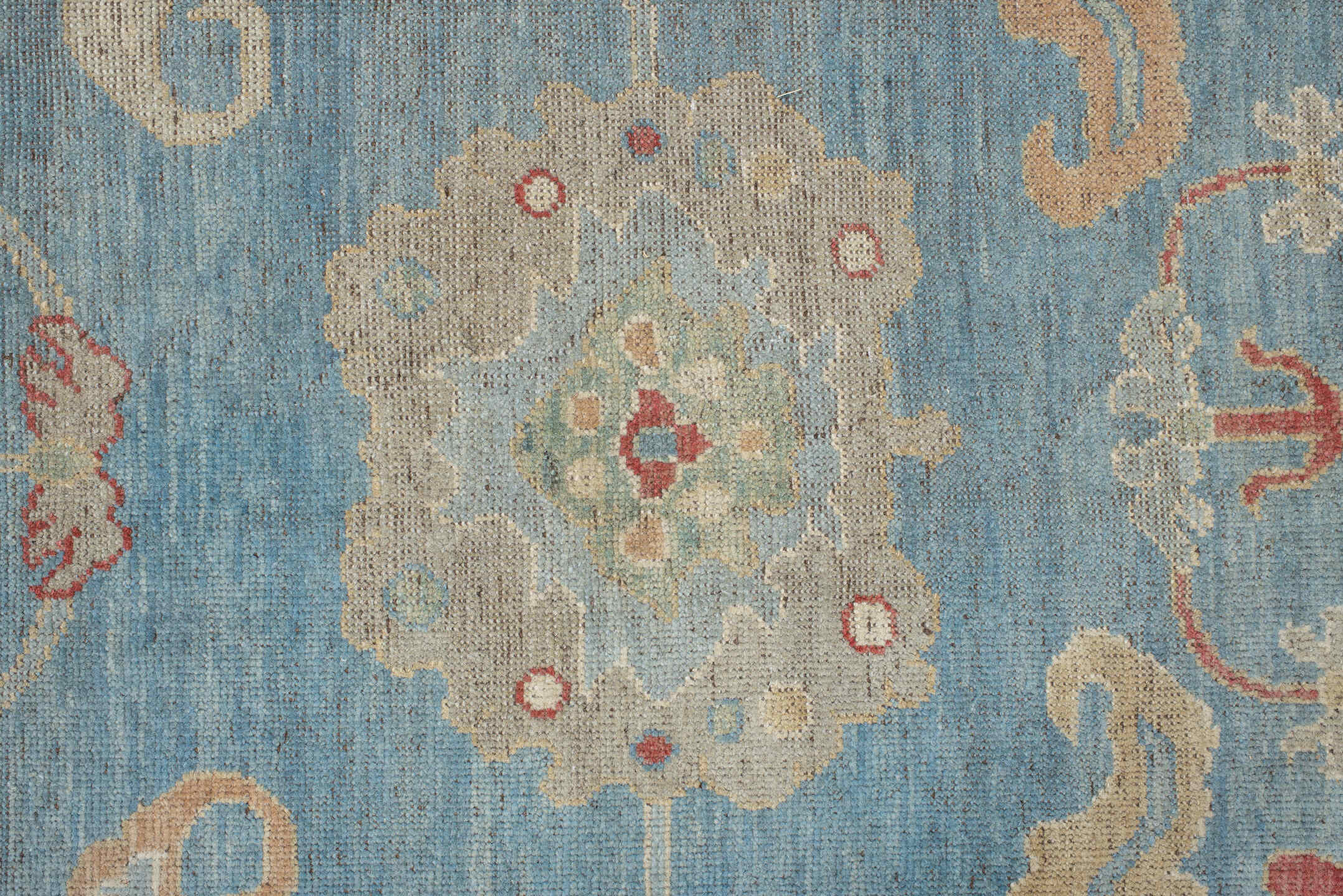 7' x 9' one-of-a-kind handmade vintage Oushak rug. Color palette: brown, dim gray, gray, light blue, light gray, off-white