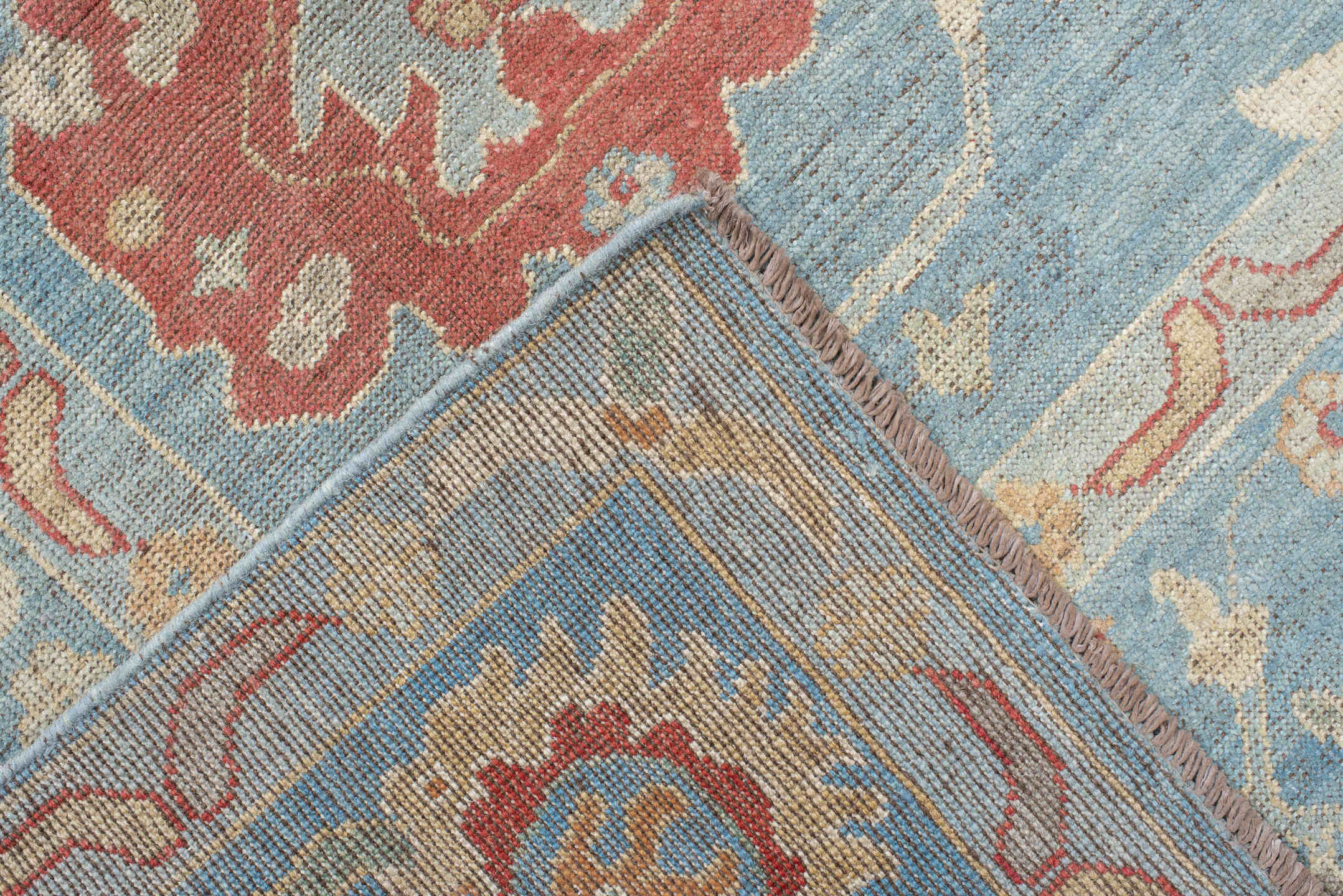 7' x 9' one-of-a-kind handmade vintage Oushak rug. Color palette: red, brown, gray, light blue, light gray, off-white, pink