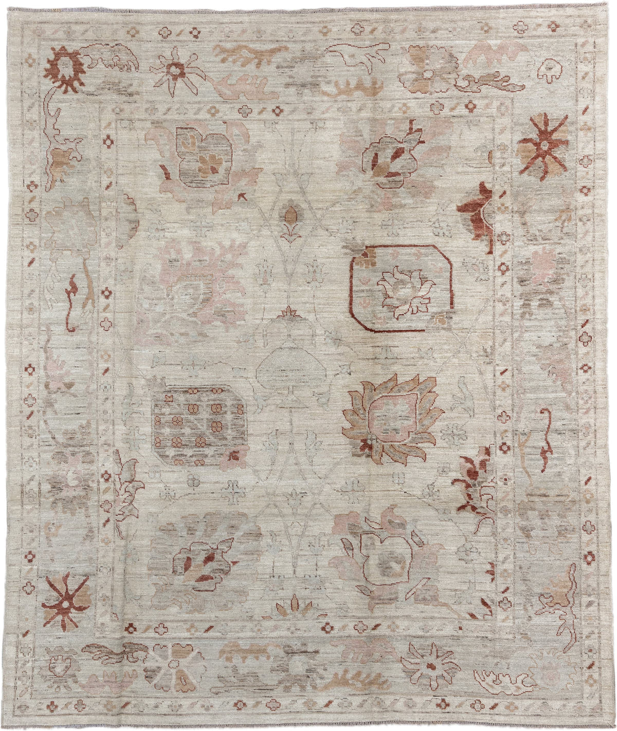 8' x 9' one-of-a-kind handmade vintage Oushak rug. Color palette: beige, ivory, taupe, blush, rust, camel, sage, gray, pink