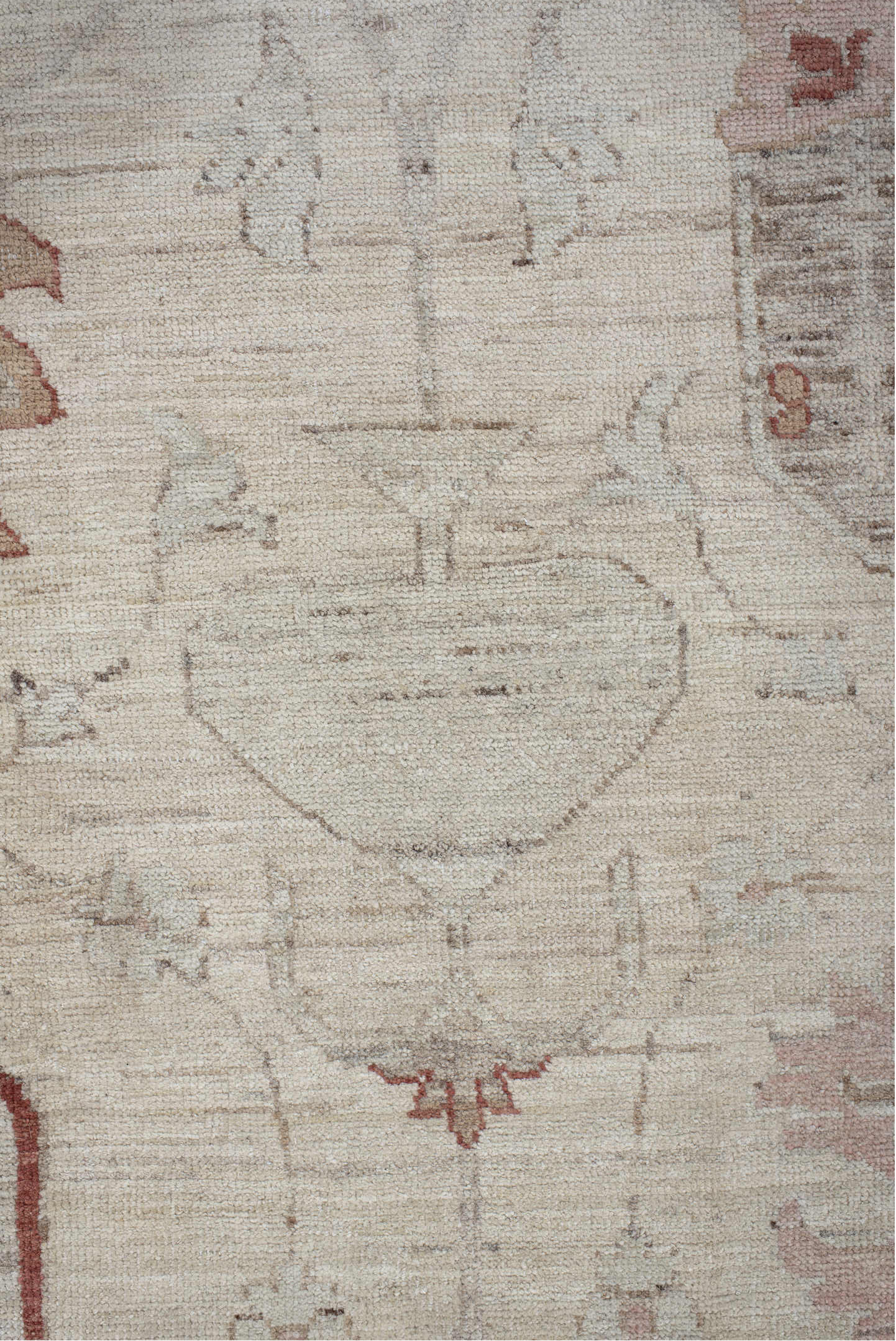 8' x 9' one-of-a-kind handmade vintage Oushak rug. Color palette: beige, ivory, taupe, blush, rust, camel, sage, gray, pink