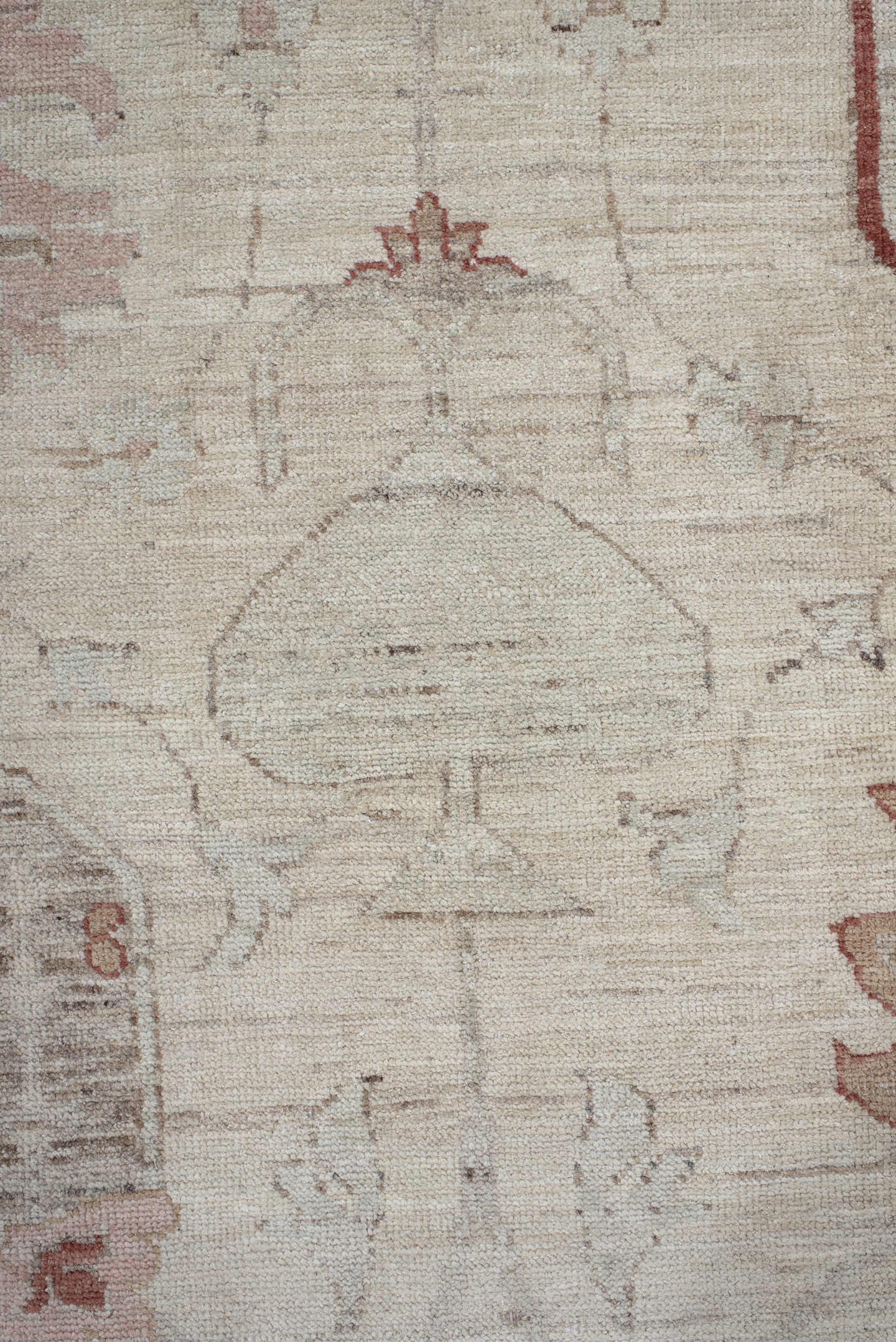 8' x 9' one-of-a-kind handmade vintage Oushak rug. Color palette: beige, ivory, taupe, blush, rust, camel, sage, gray, pink