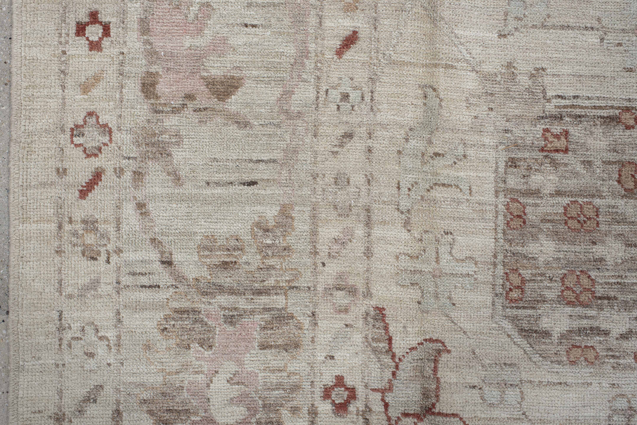 8' x 9' one-of-a-kind handmade vintage Oushak rug. Color palette: beige, ivory, taupe, blush, rust, camel, sage, gray, pink