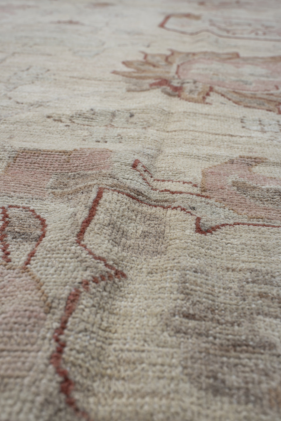 8' x 9' one-of-a-kind handmade vintage Oushak rug. Color palette: beige, ivory, taupe, blush, rust, camel, sage, gray, pink