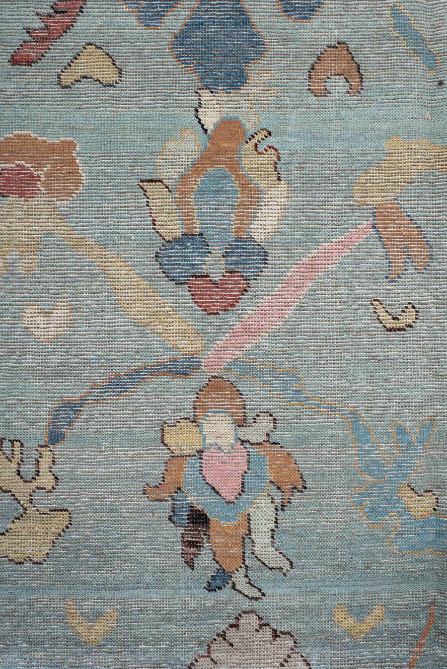 7' x 9' one-of-a-kind handmade vintage Oushak large size rug. Color palette: light blue, ivory, peach, pink, navy, taupe