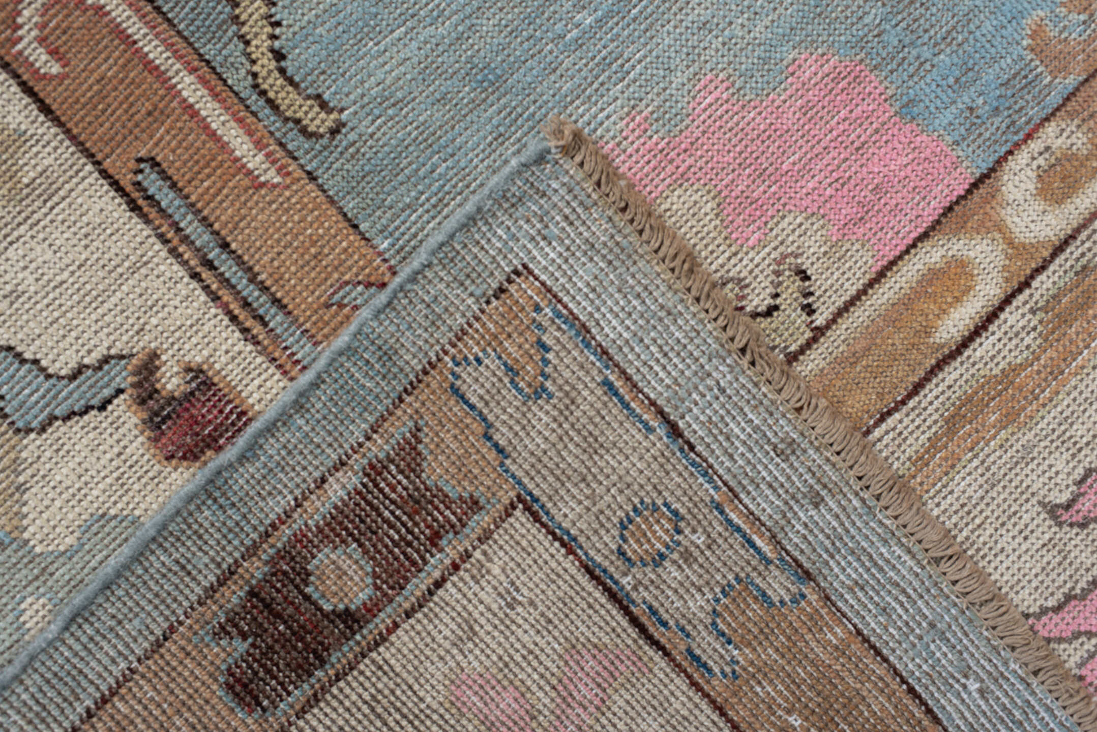 7' x 9' one-of-a-kind handmade vintage Oushak large size rug. Color palette: light blue, ivory, peach, pink, navy, taupe