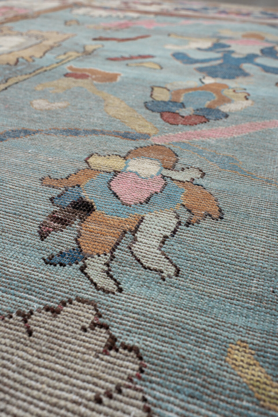 7' x 9' one-of-a-kind handmade vintage Oushak large size rug. Color palette: light blue, ivory, peach, pink, navy, taupe