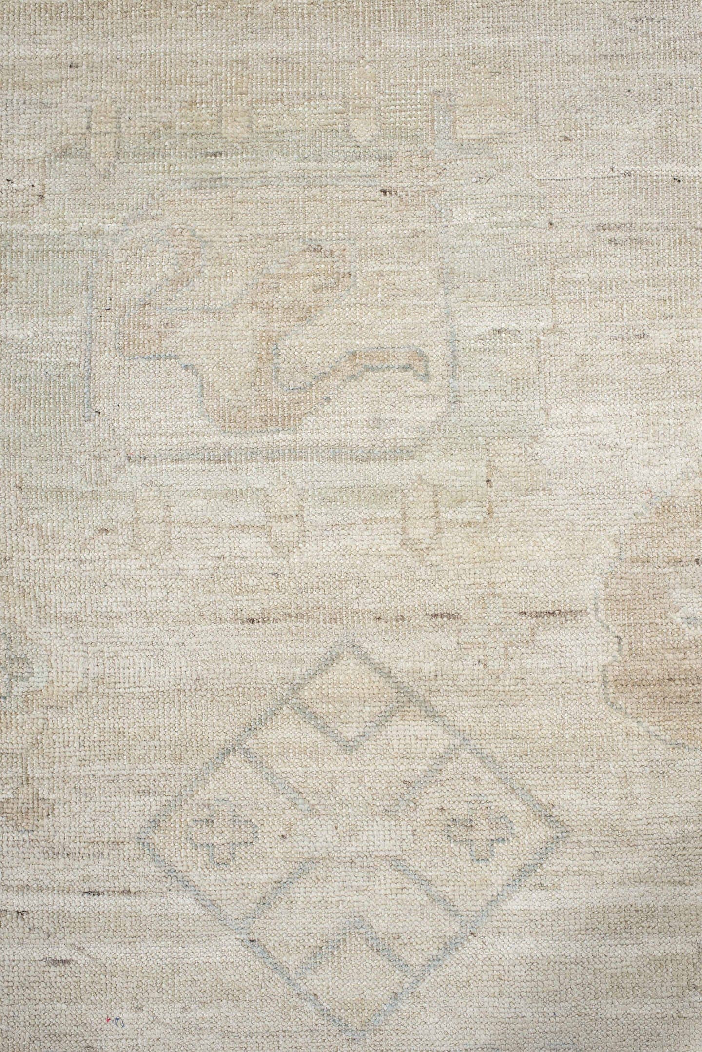 14' x 17' one-of-a-kind handmade vintage Tulu oversize rug. Color palette: ivory, beige, taupe, pale blue, cream, sand, gray