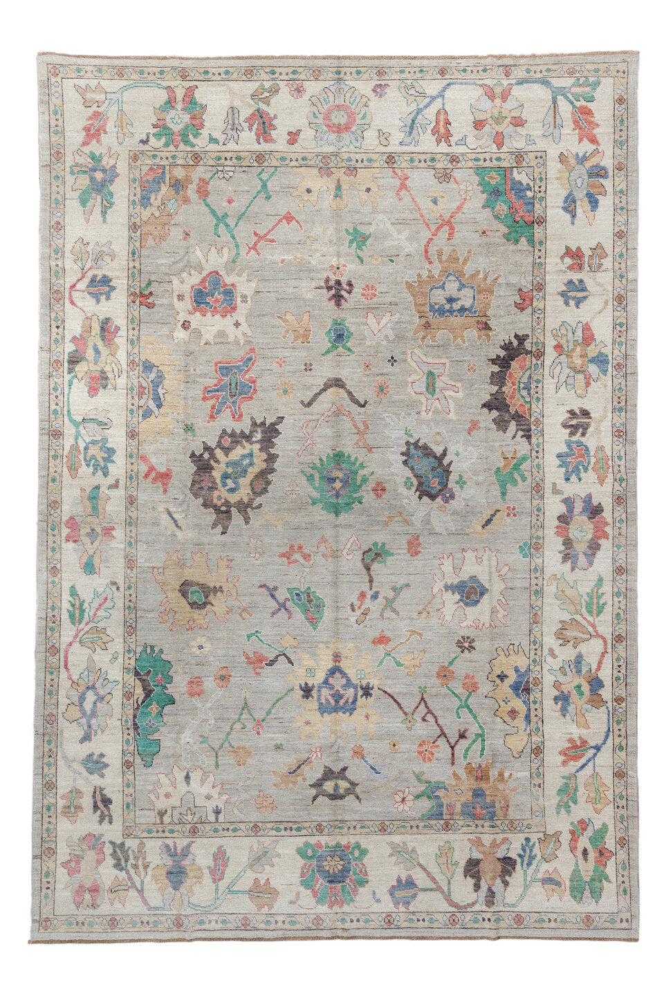 9' x 14' one-of-a-kind handmade vintage Oushak large size rug. Color palette: blue, brown, dark gray, dim gray, gray