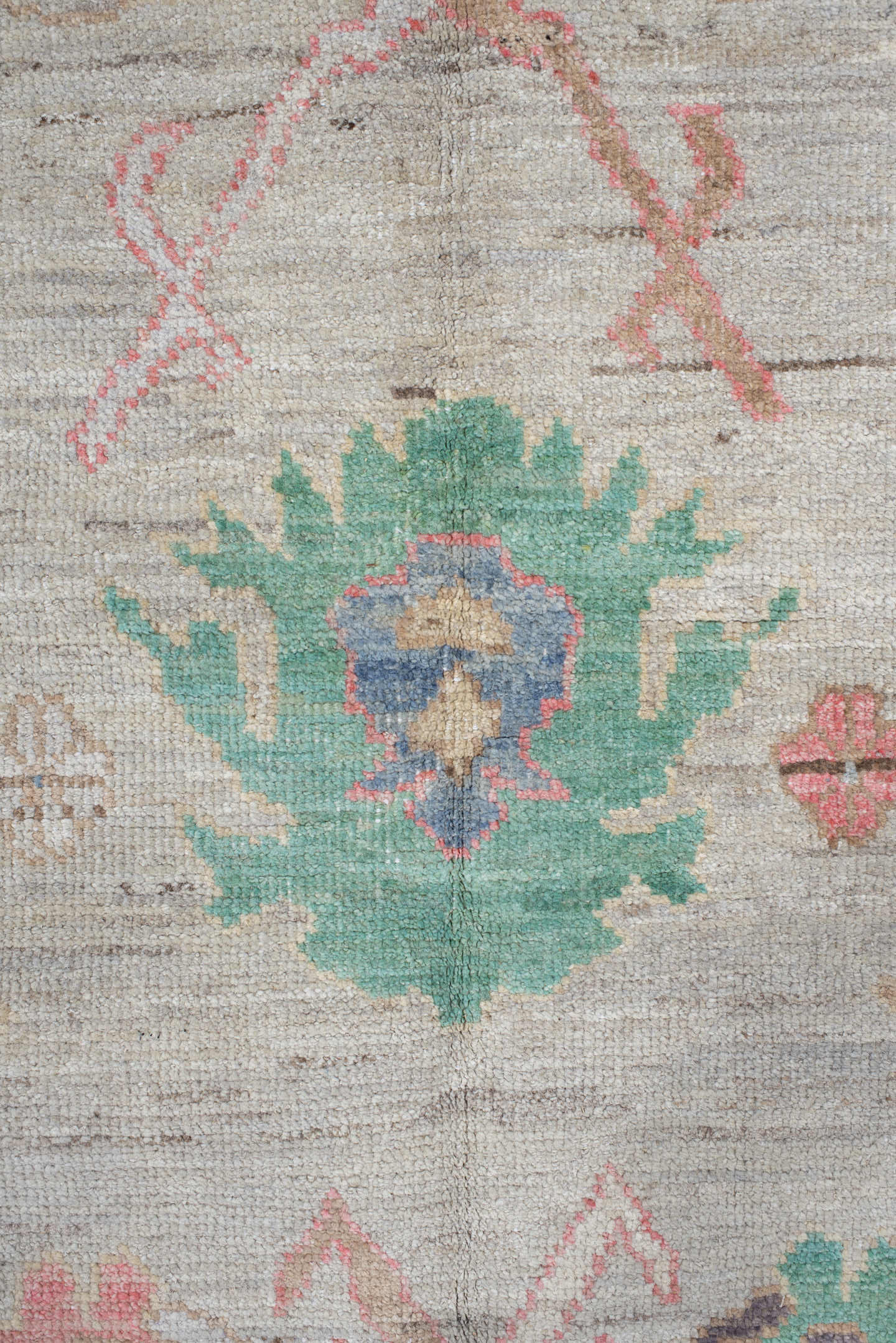 9' x 14' one-of-a-kind handmade vintage Oushak large size rug. Color palette: ivory, pale gray, aqua, coral, blue, sage