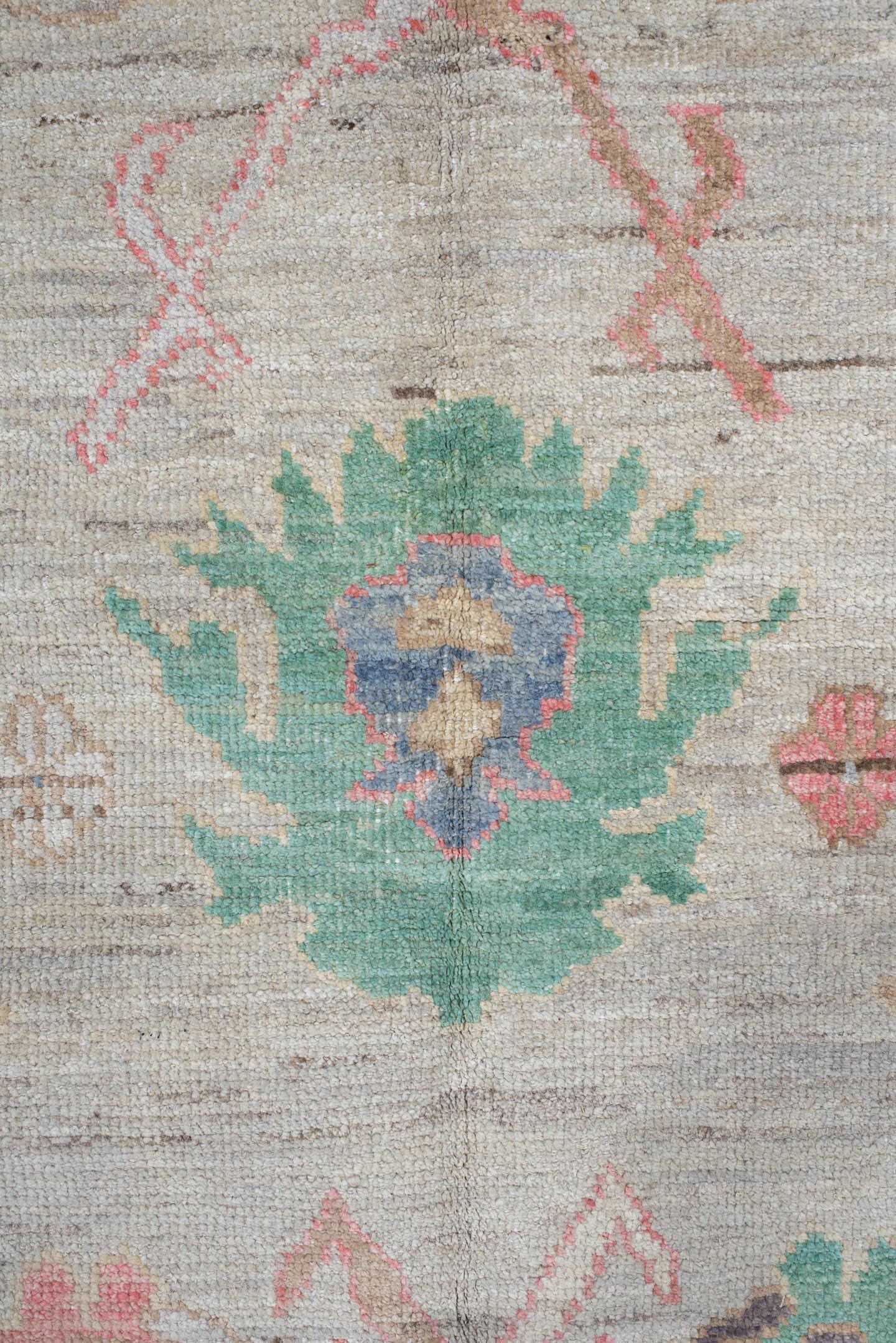 9' x 14' one-of-a-kind handmade vintage Oushak large size rug. Color palette: ivory, pale gray, aqua, coral, blue, sage