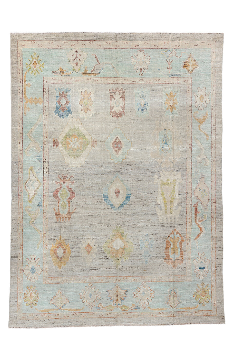 9' x 13' one-of-a-kind handmade vintage Oushak large size rug. Color palette: blue, brown, dark gray, gainsboro, gray