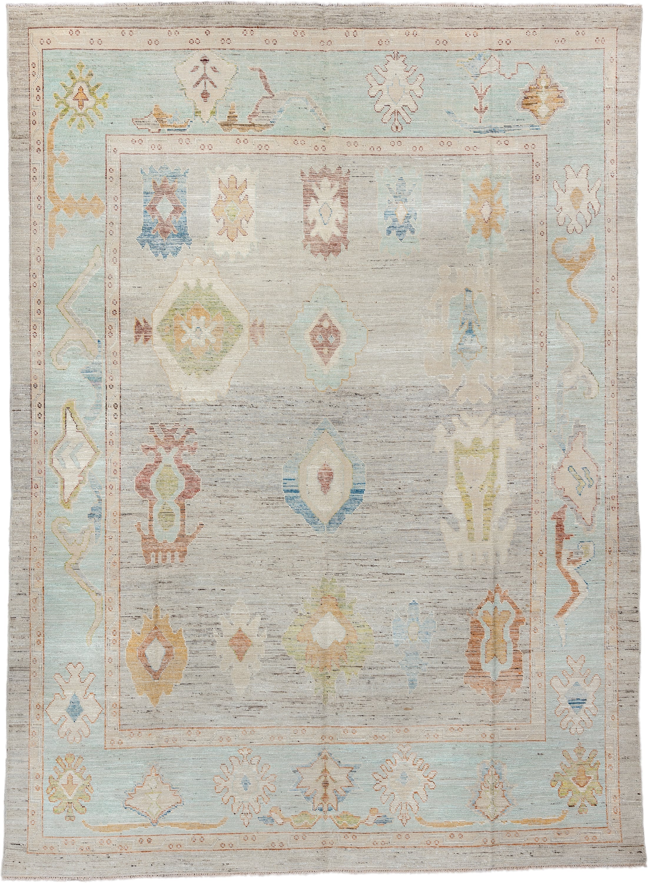 9' x 13' one-of-a-kind handmade vintage Oushak large size rug. Color palette: ivory, pale aqua, beige, sand, muted gold